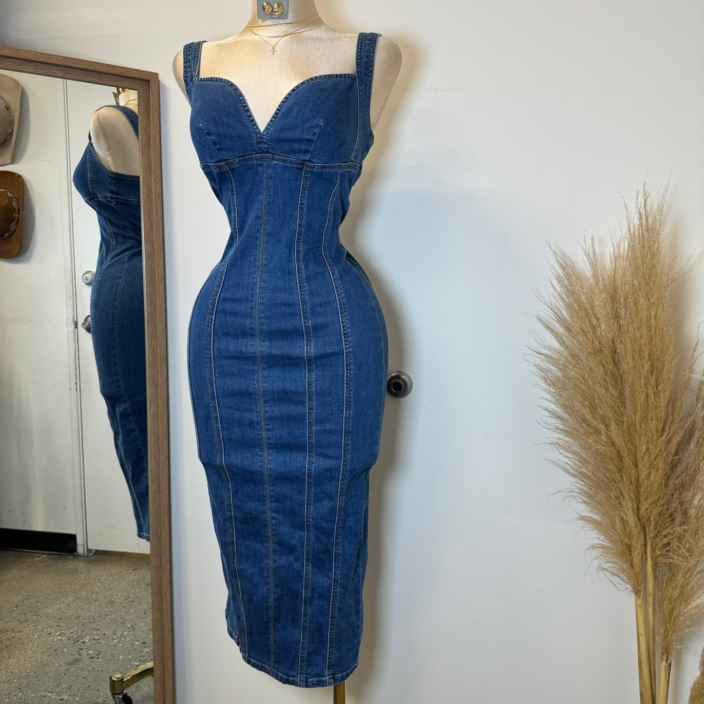 Denim Midi Dress-DK Blue