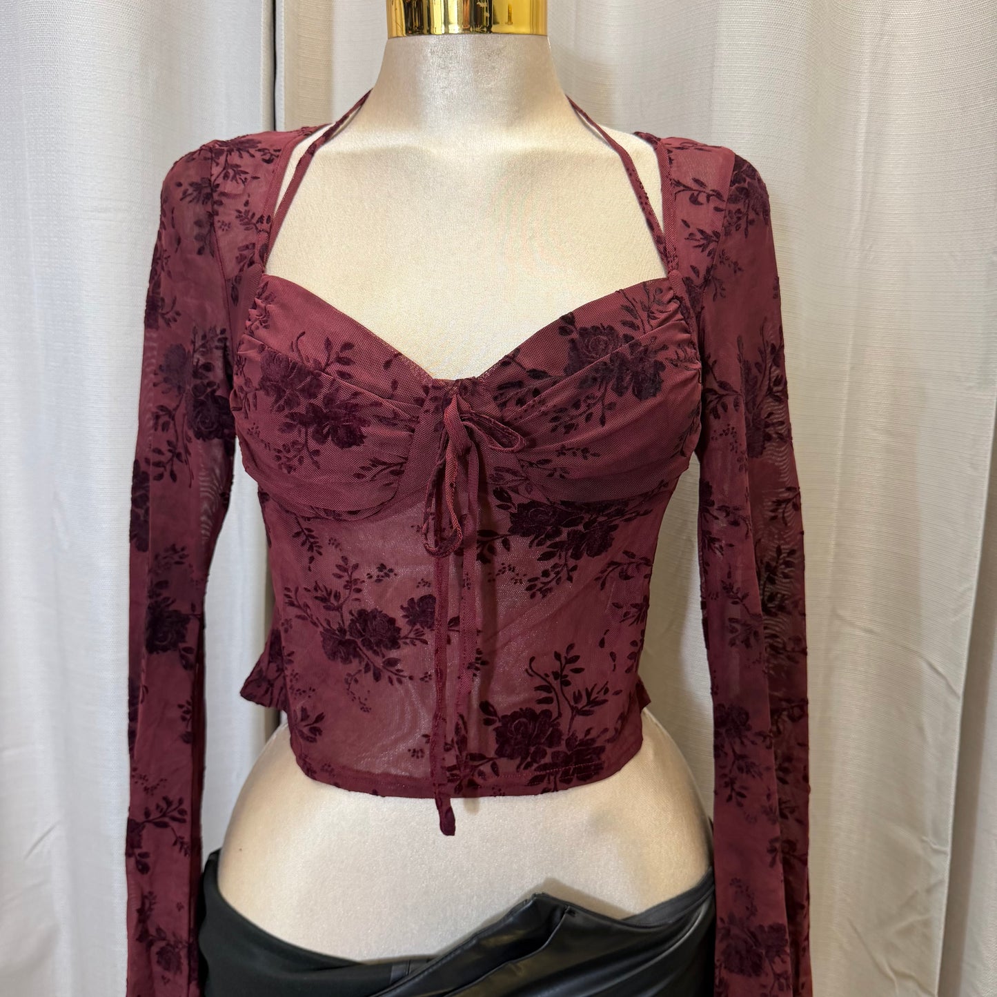 Floral pattern Long sleeve Mesh Top-burgundy