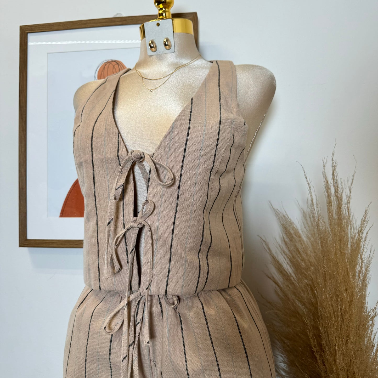 Knot Linen Pant Set-Beige with Black and Blue Stripes