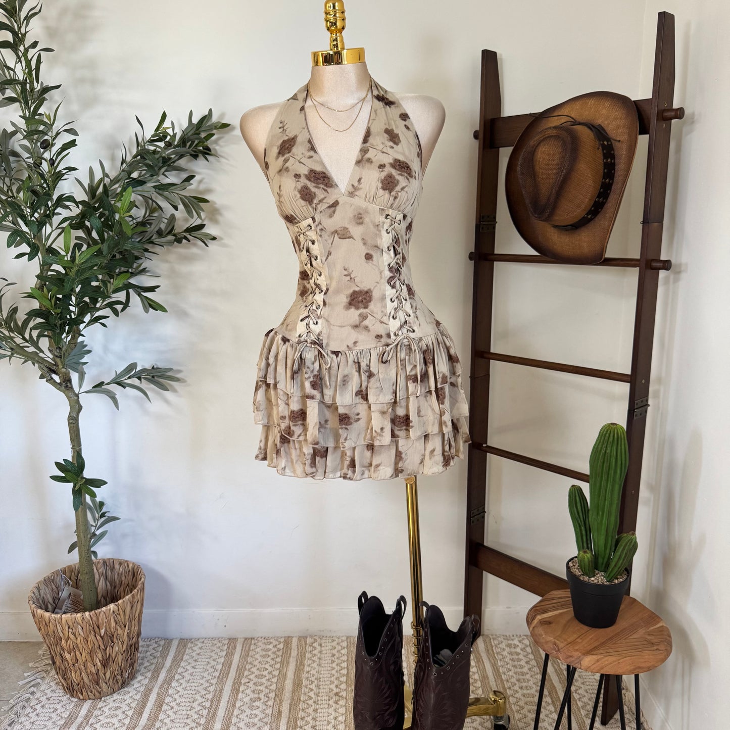 Halter eyelet inset ruffle Flare mini Corset Dress-Brown