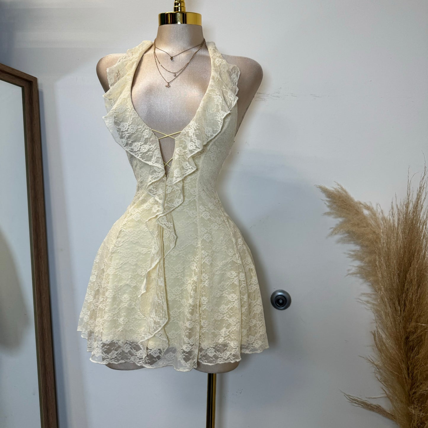 Amy Lace Halter Dress-Ivory