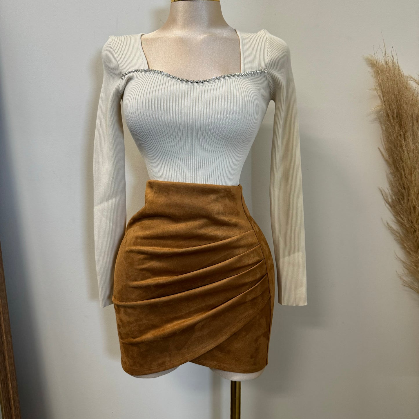 Side Ruched Faux Suede Mini Skirt-Camel