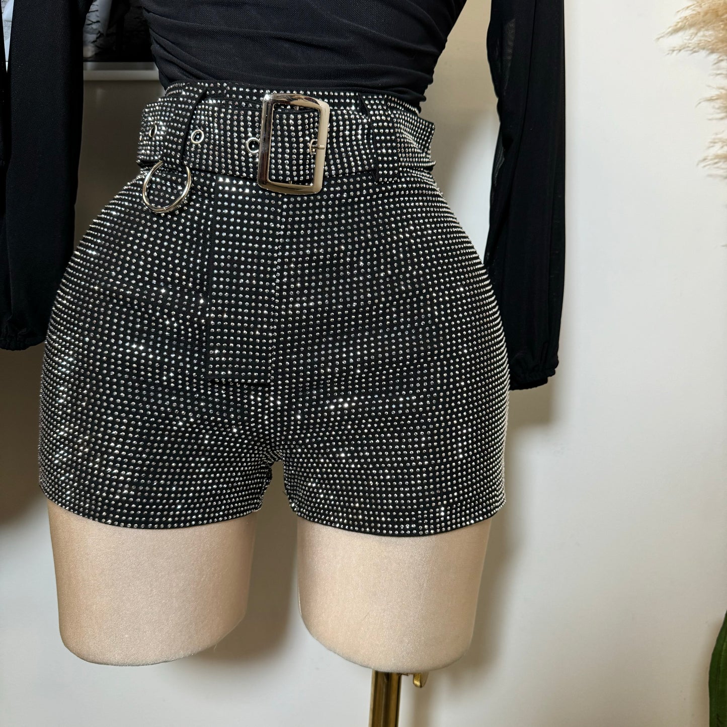 Rhinestone Black Shorts-Silver