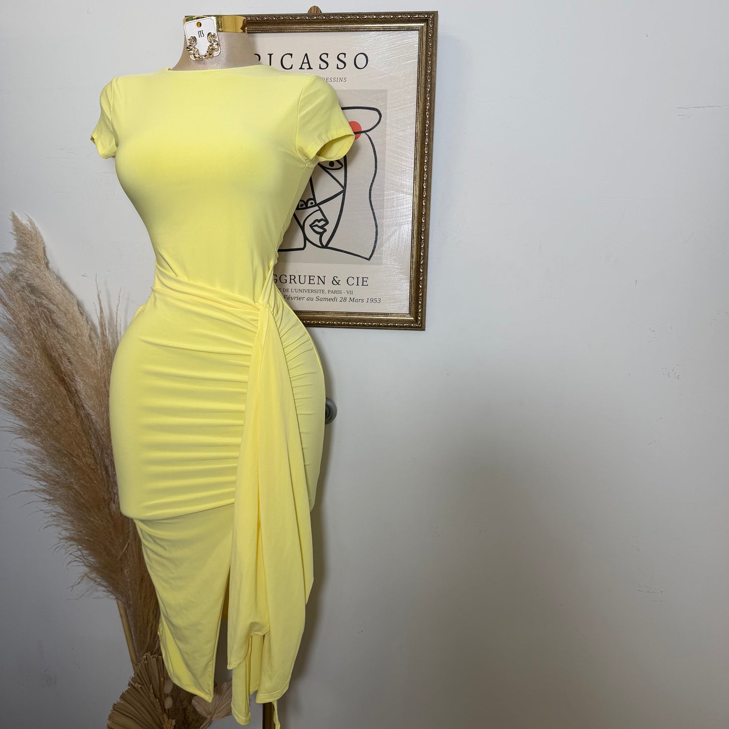 Front slit with sash detail midi Dress-Butter Yellow