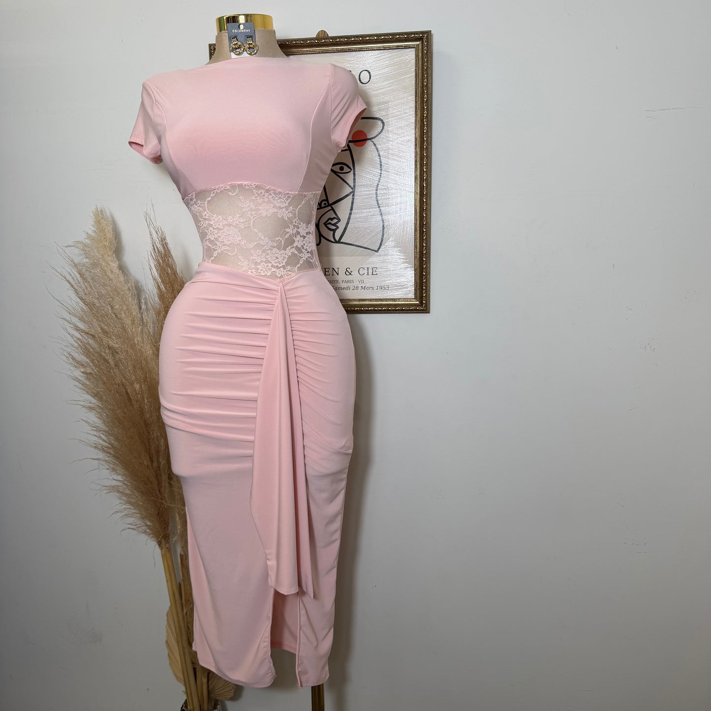Lace Waist Contrast Midi Dress-Baby Pink