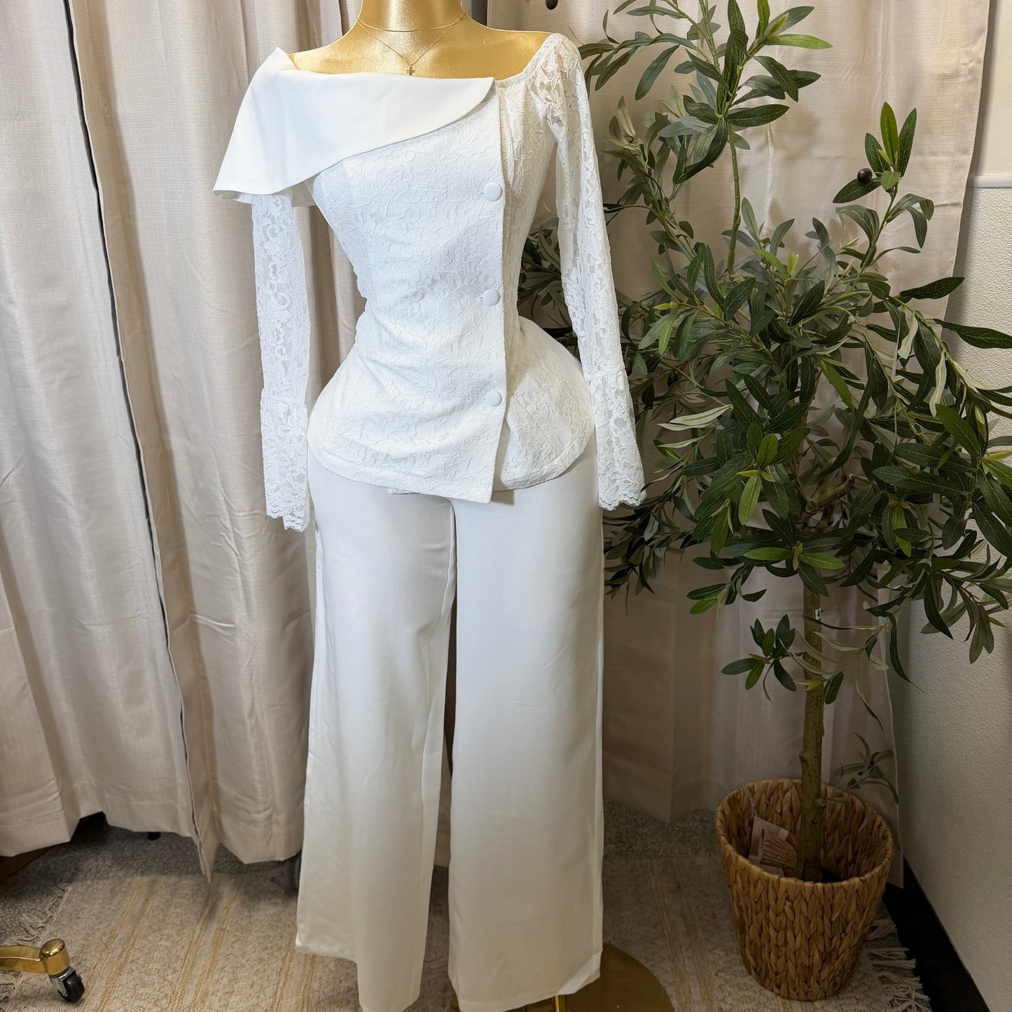 Double-Breasted Blazer Pant Set -White