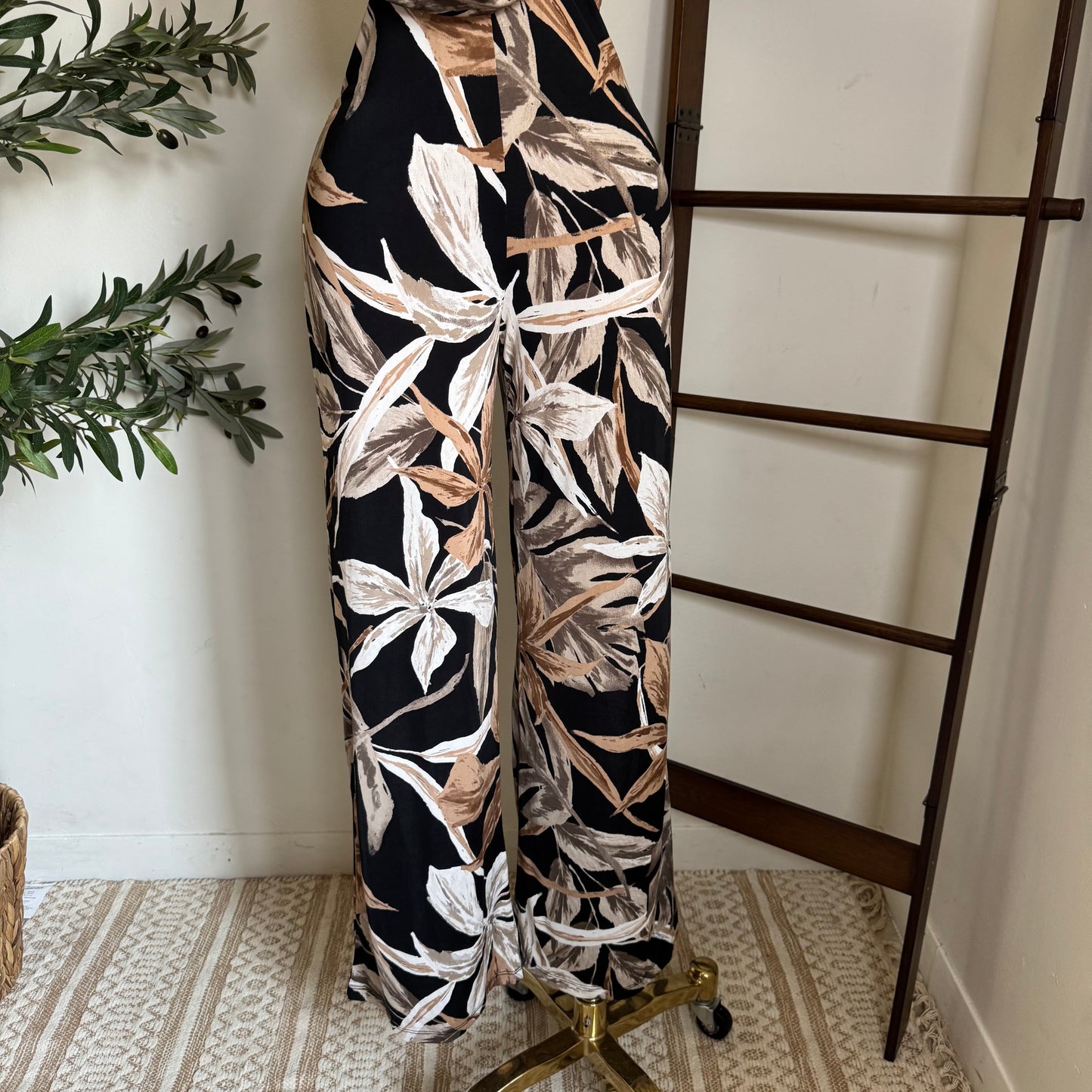 Bead Cowl Neck Halter Jumpsuit-Leaf Print