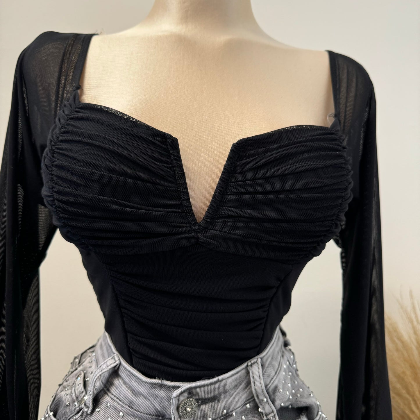 Mesh Long Sleeve V Crop Top -Black