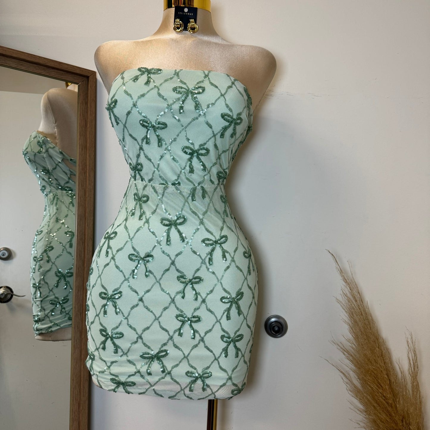 Bow Sequins Strapless Corset Dress-Green Sage