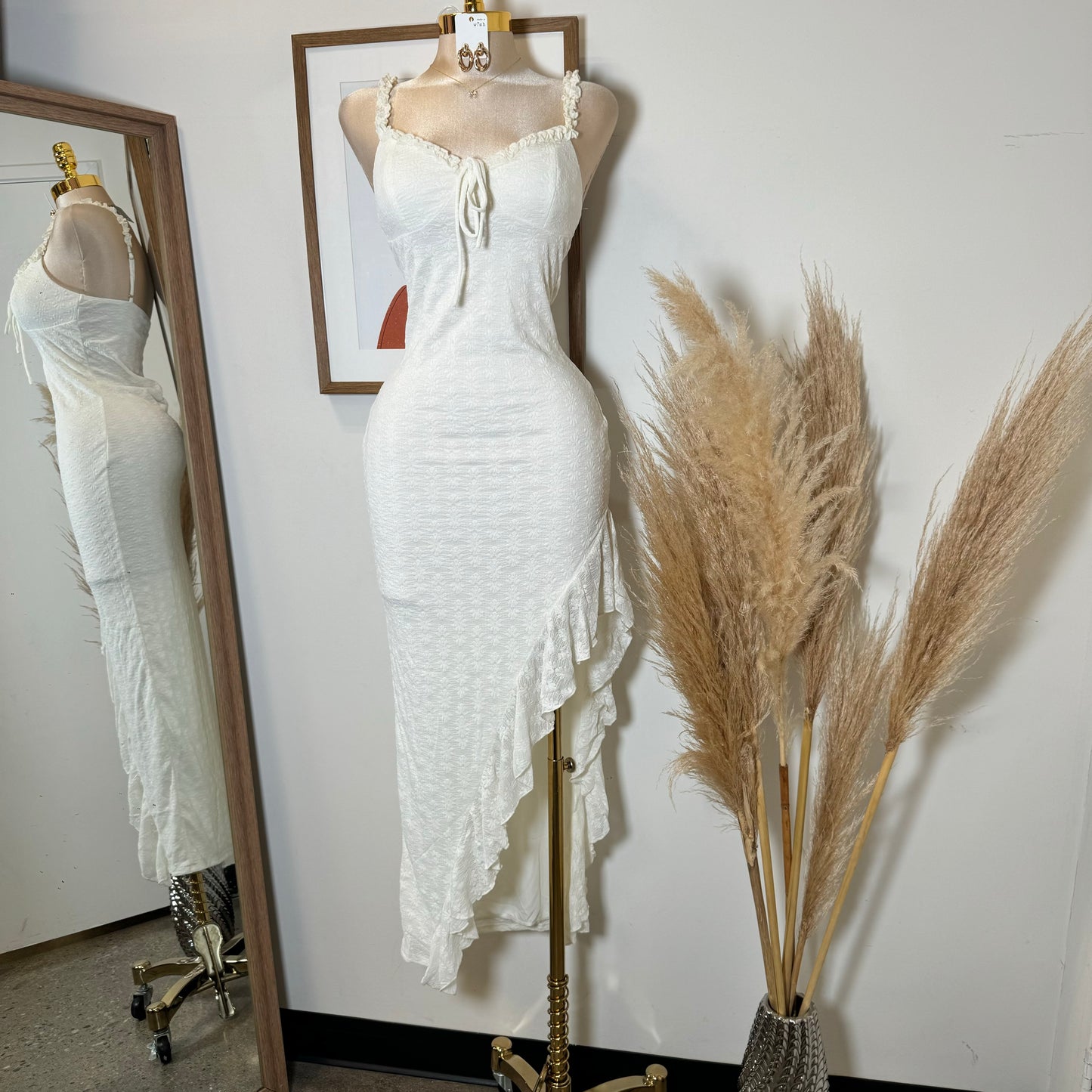 Daisy Asymmetric Skirt Midi Dress-White