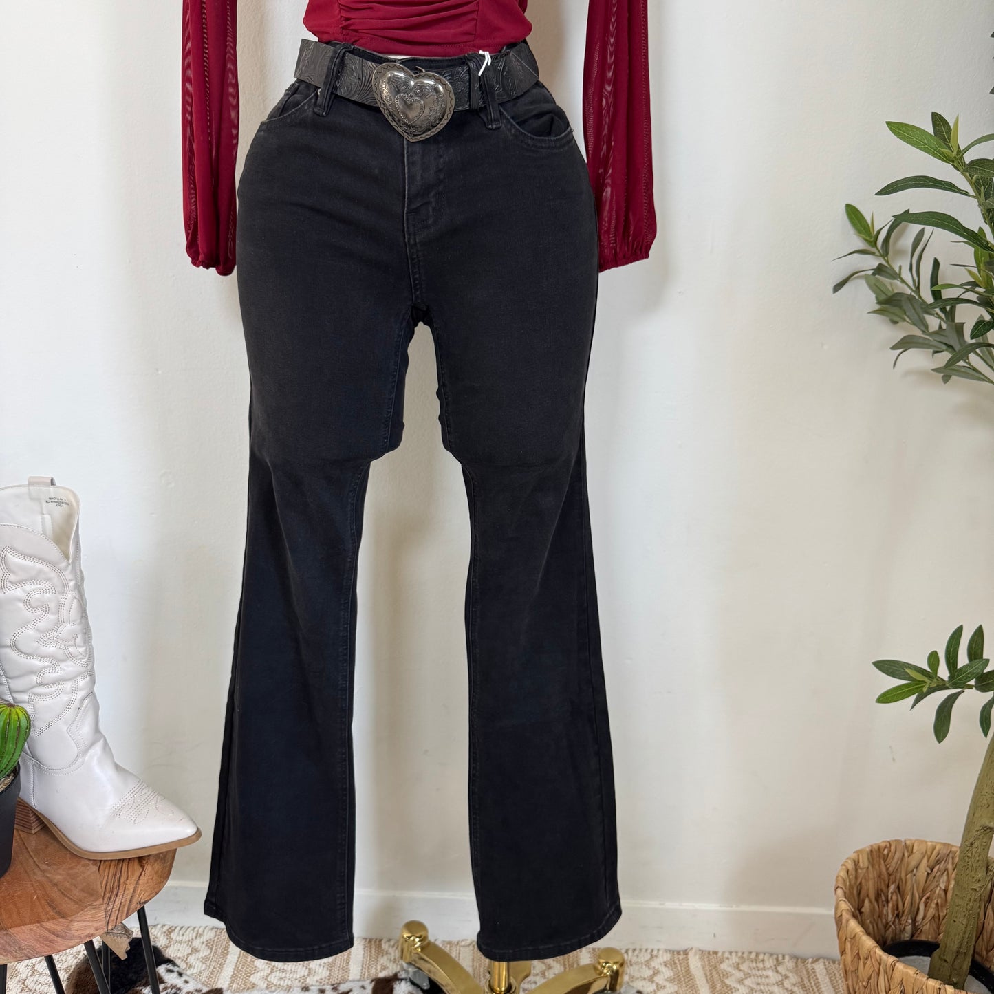 Flare Jeans with heart Belt-Black