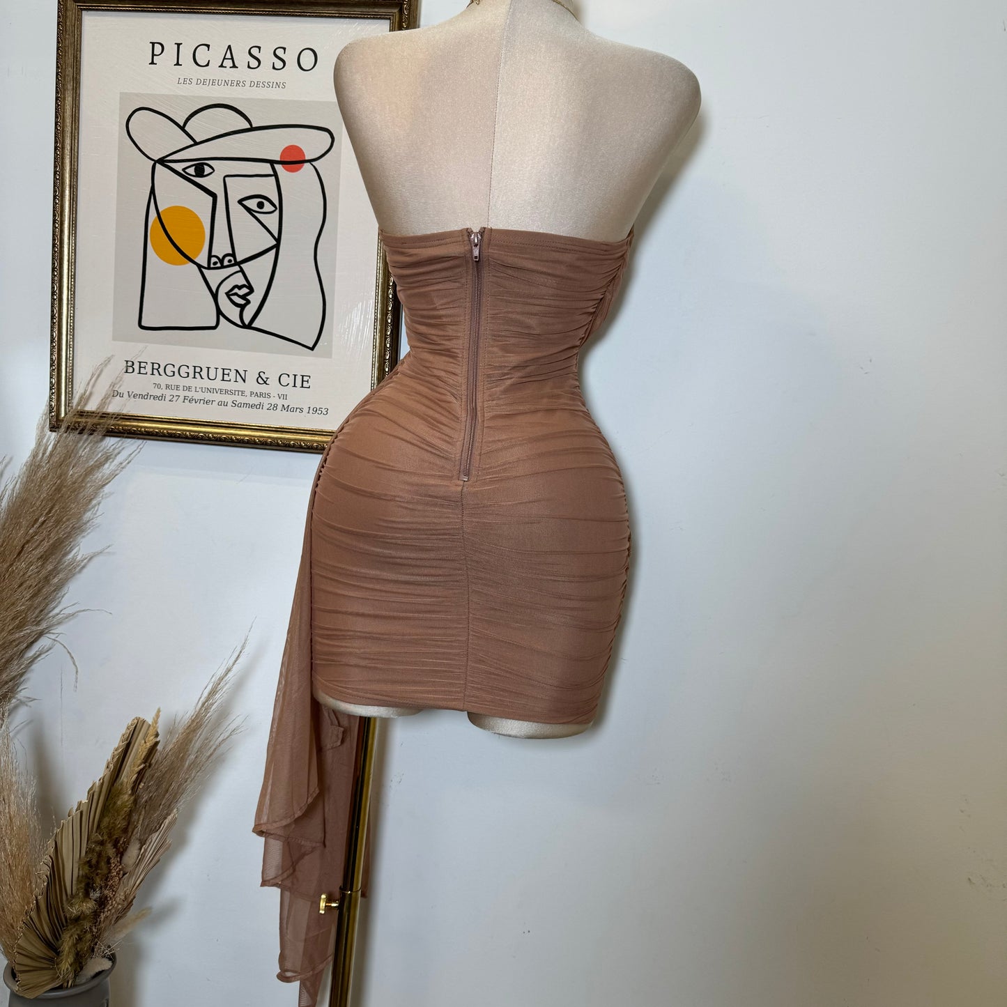 Sweetheart Draped Tube Mini Dress-Mocha