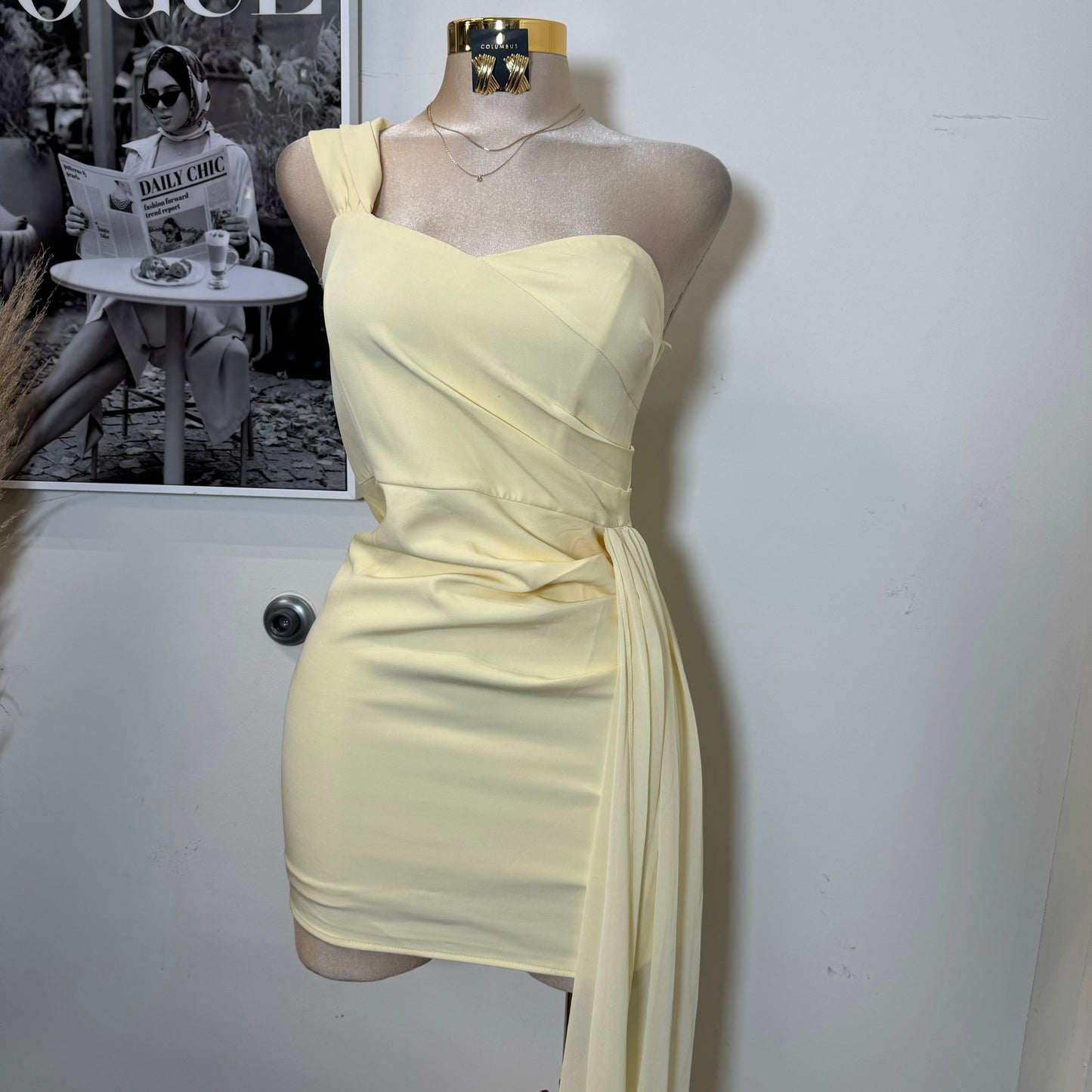 Woven Sweetheart off Shoulder Mini Dress-Lemon Drop