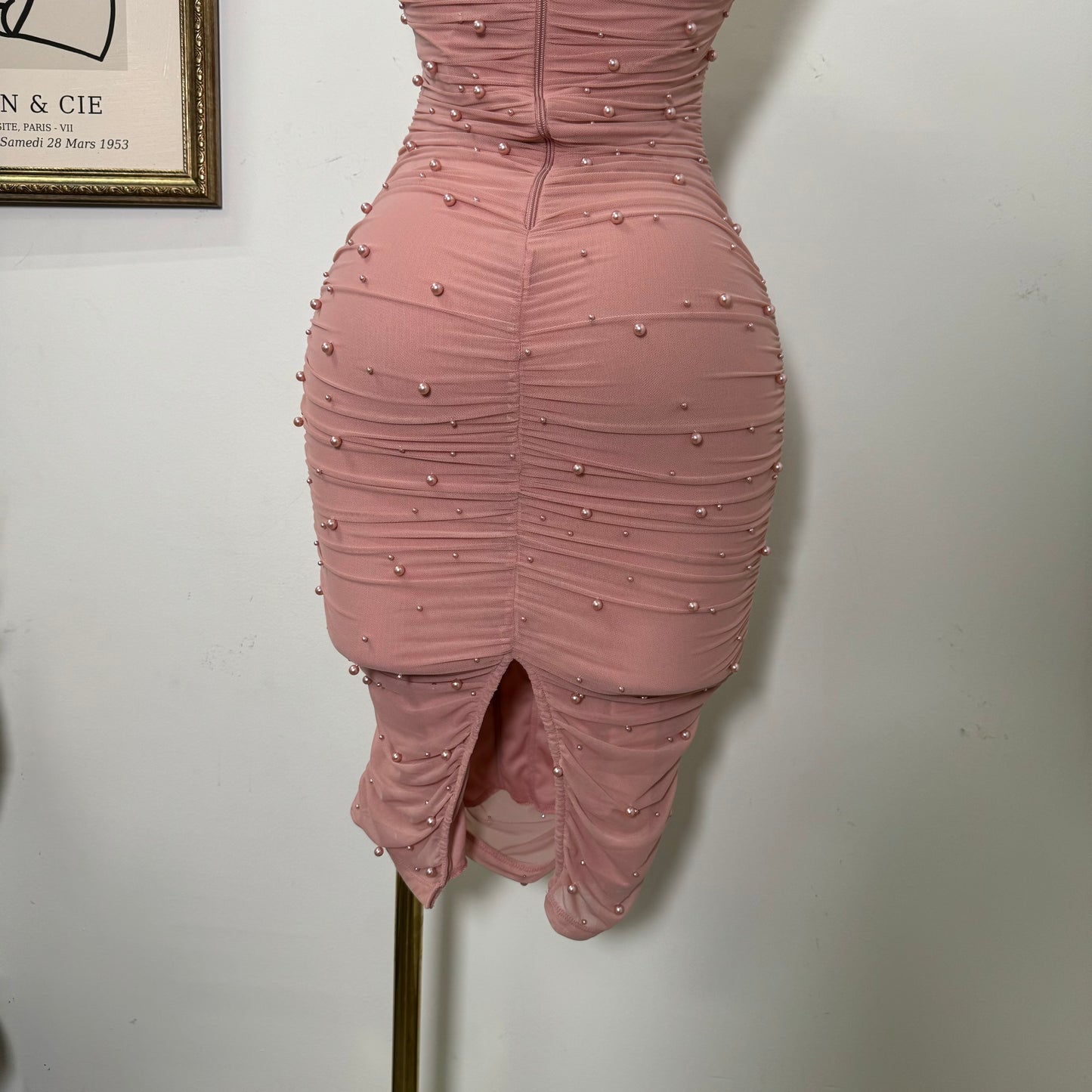Pearl Bead On Power Mesh Midi Dress-Blush