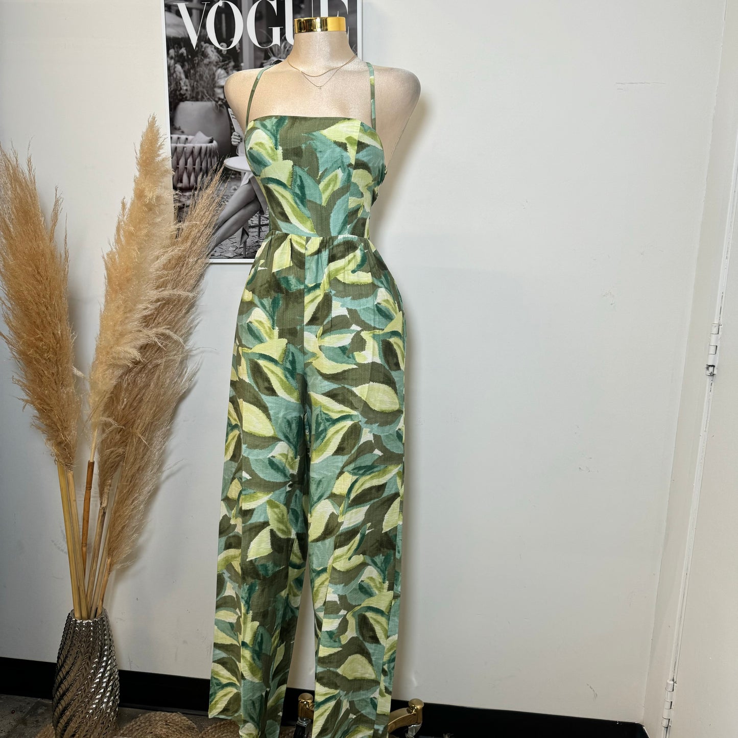 Linen Print Square Neck Back Lace up Jumpsuit-Green