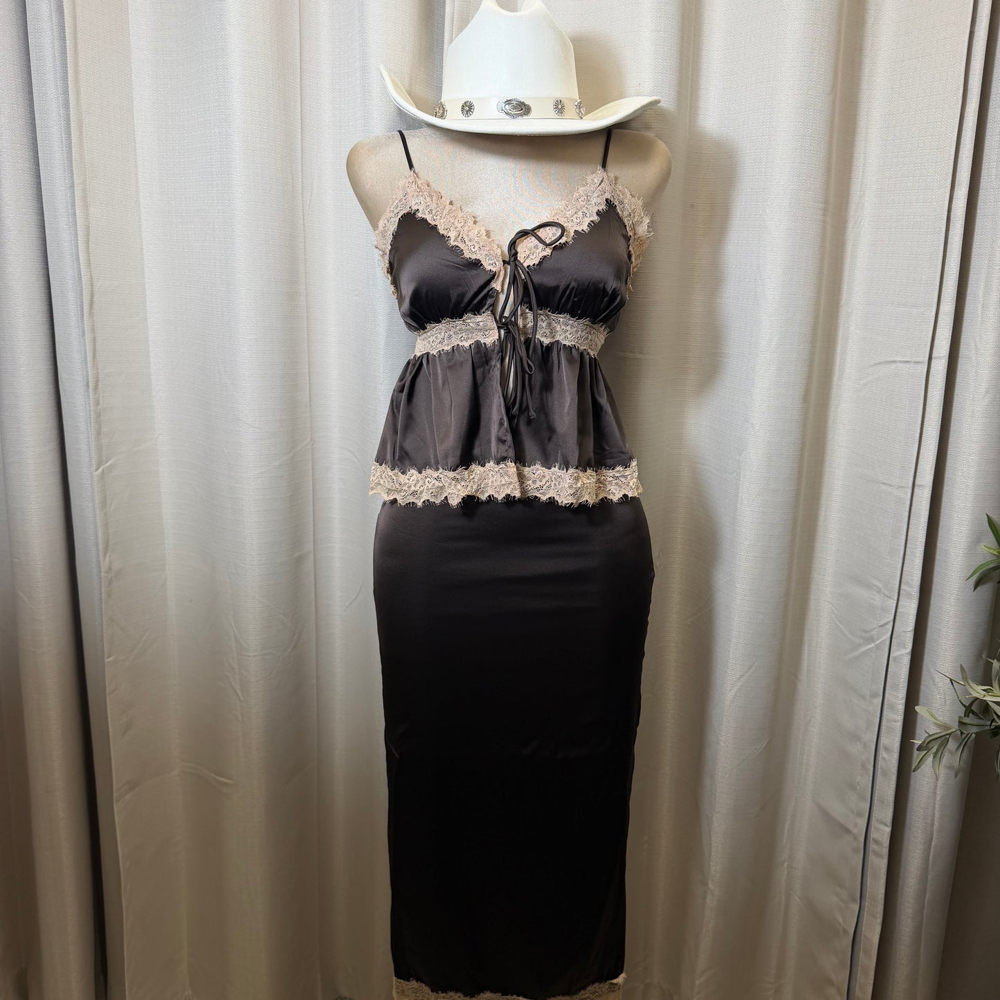 Satin Midi Skirt open front top-Brown