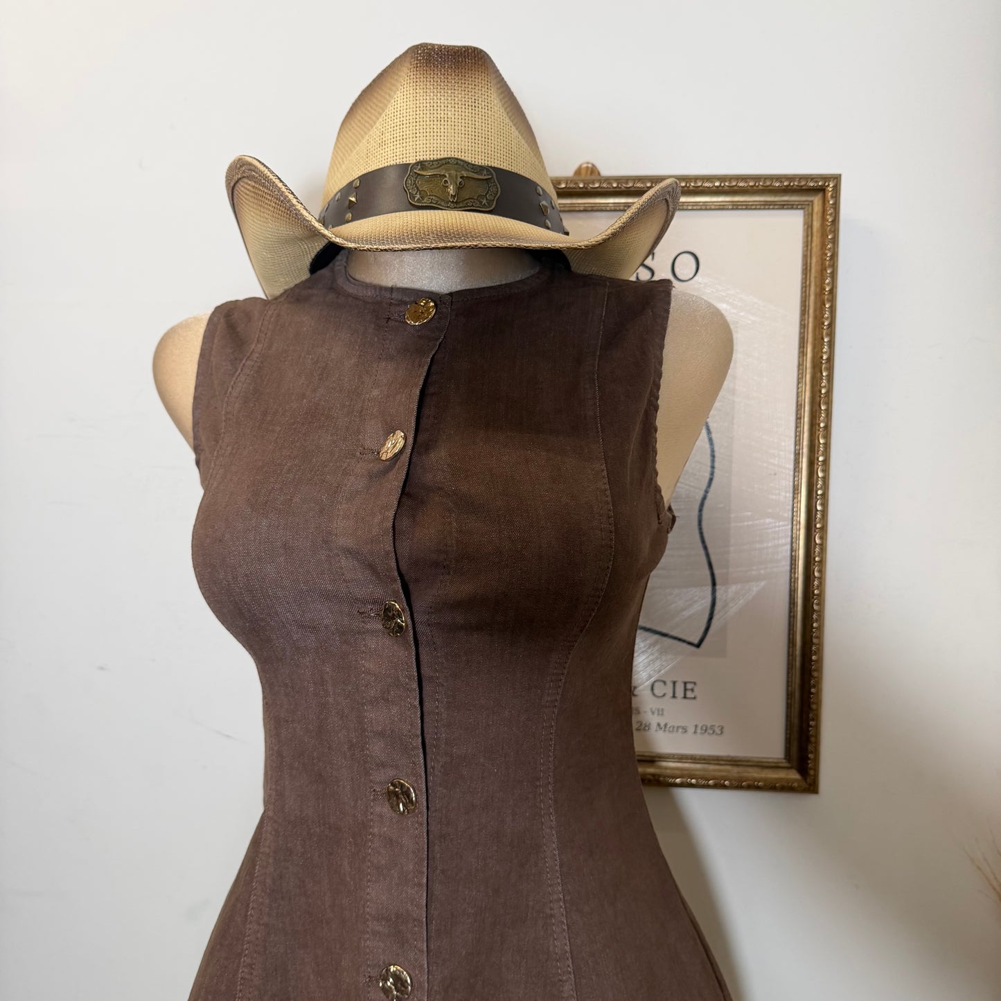 Sleeveless Denim Mini Dress -Brown