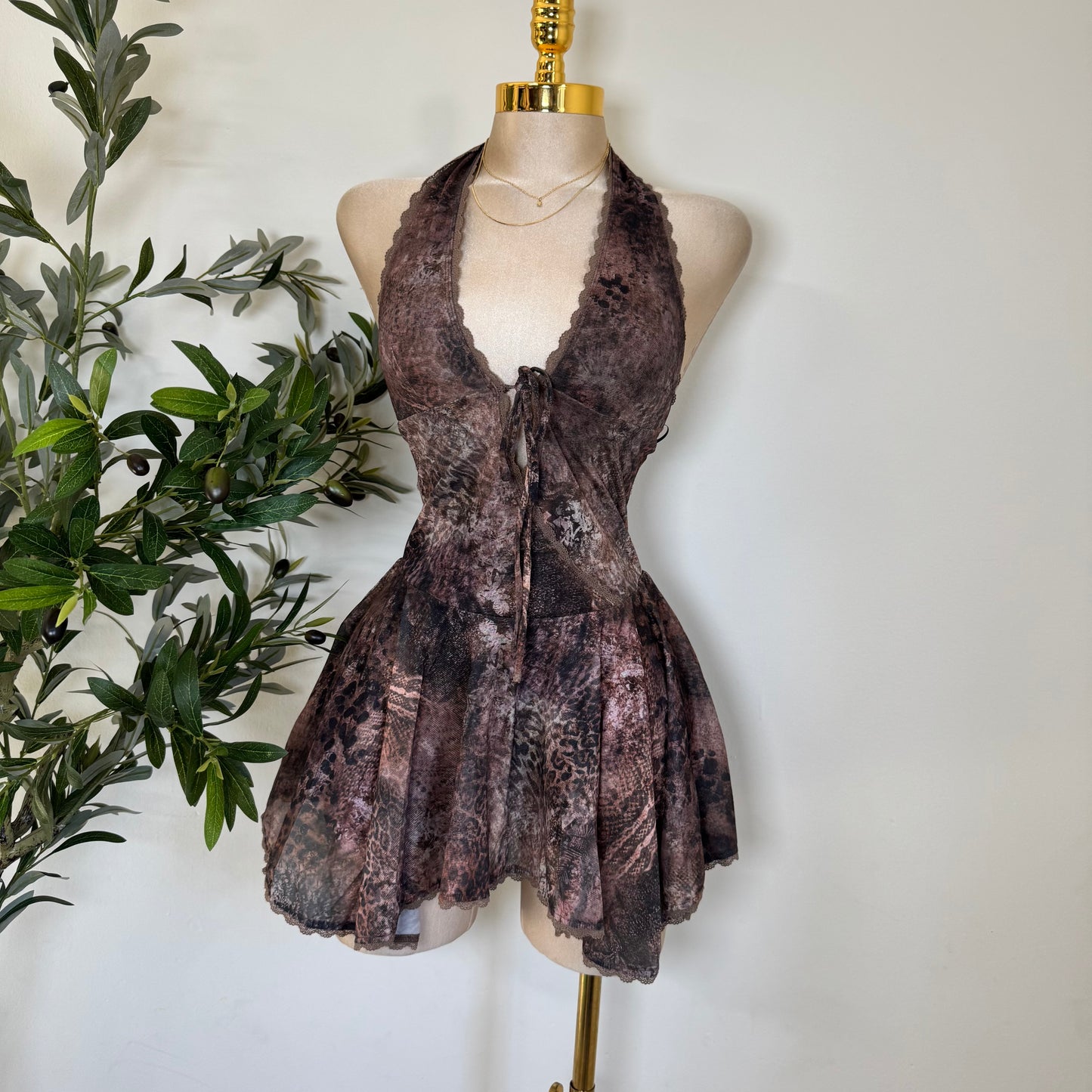 Halter Mini Dress-Brown Print
