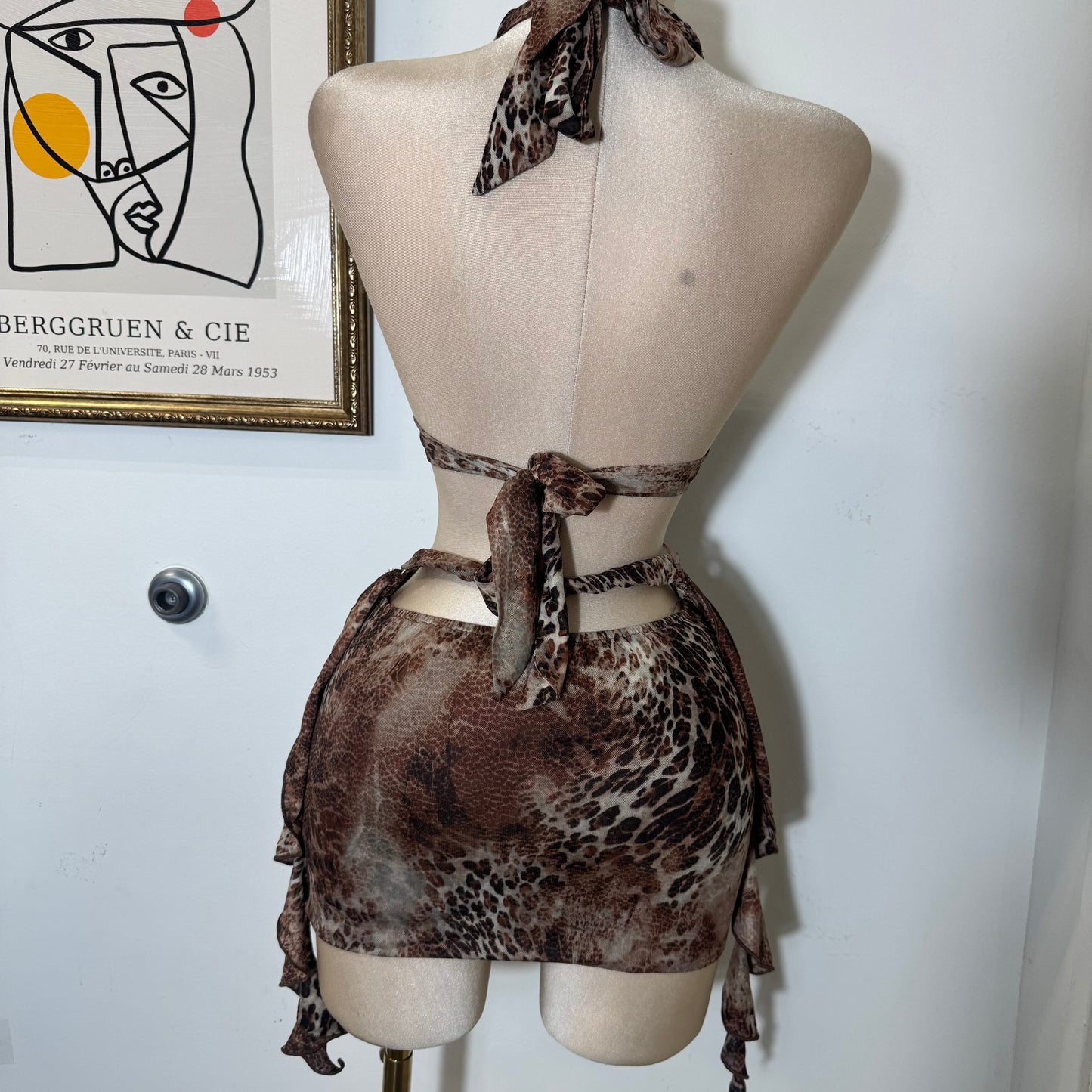 Sleeveless Halter Animal Print Mini Dress-Brown