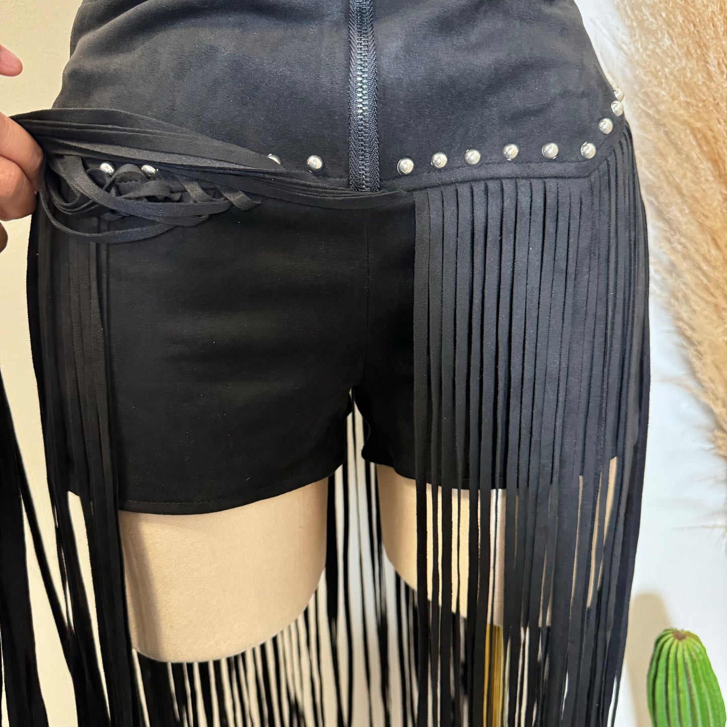 Fringe Stud Suede Shorts-Black