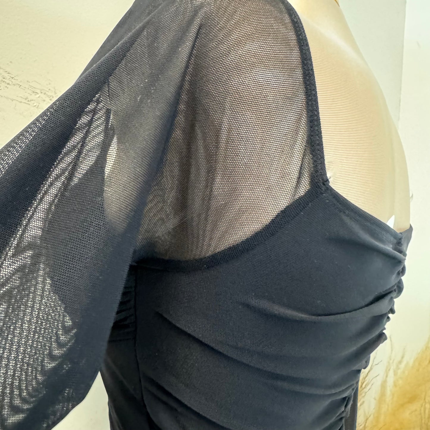 Mesh Long Sleeve V Crop Top -Black