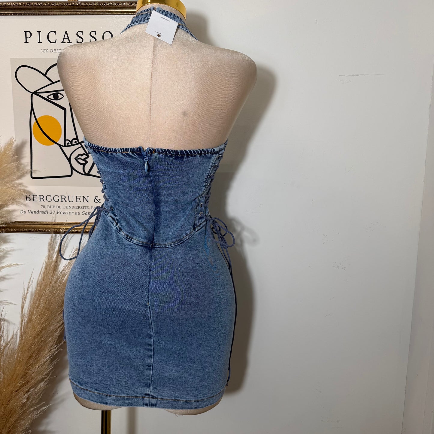 HALTER NECK SIDE LACE-UP DENIM MINI DRESS