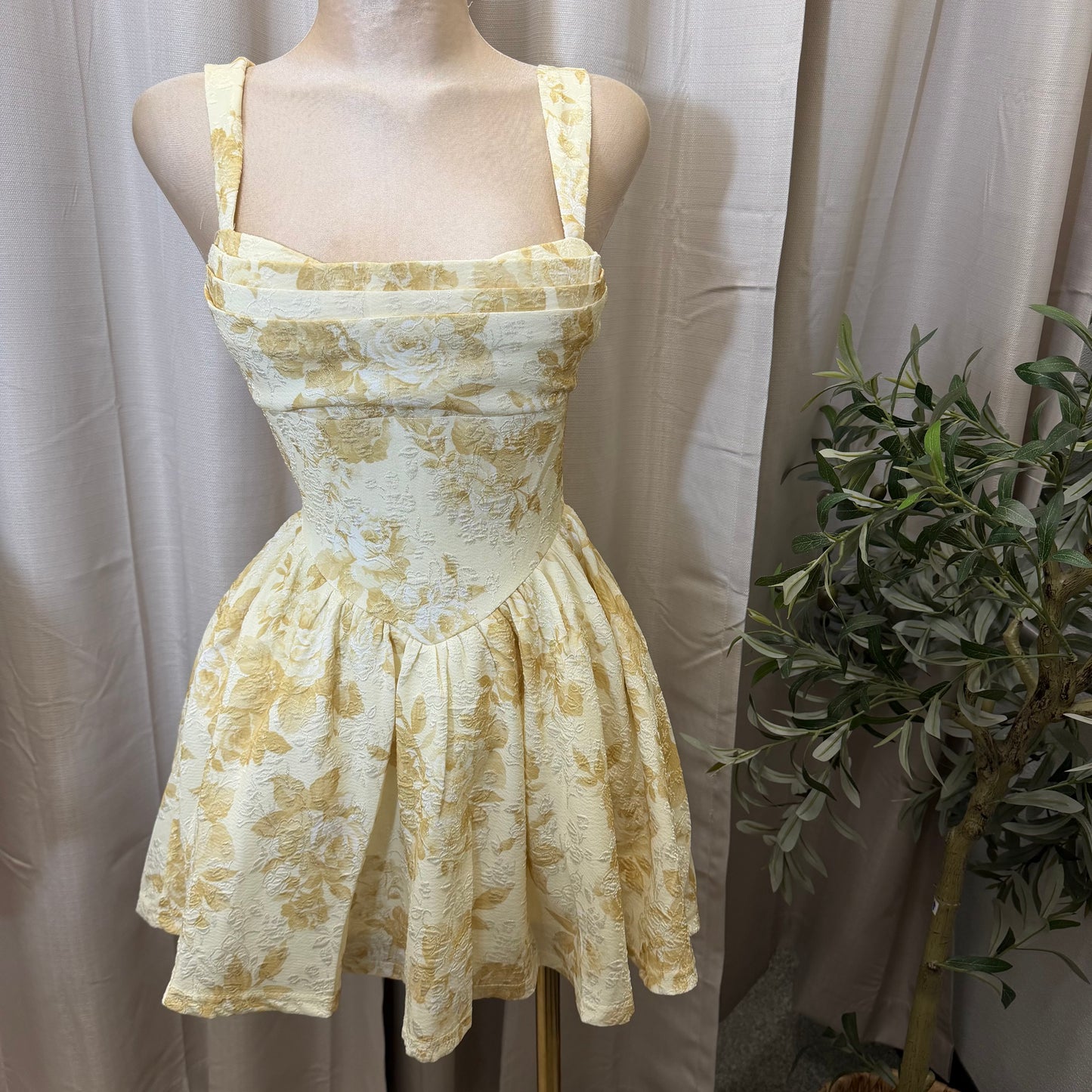 Floral Pleated Bust fit and Flare Mini Dress-Yellow
