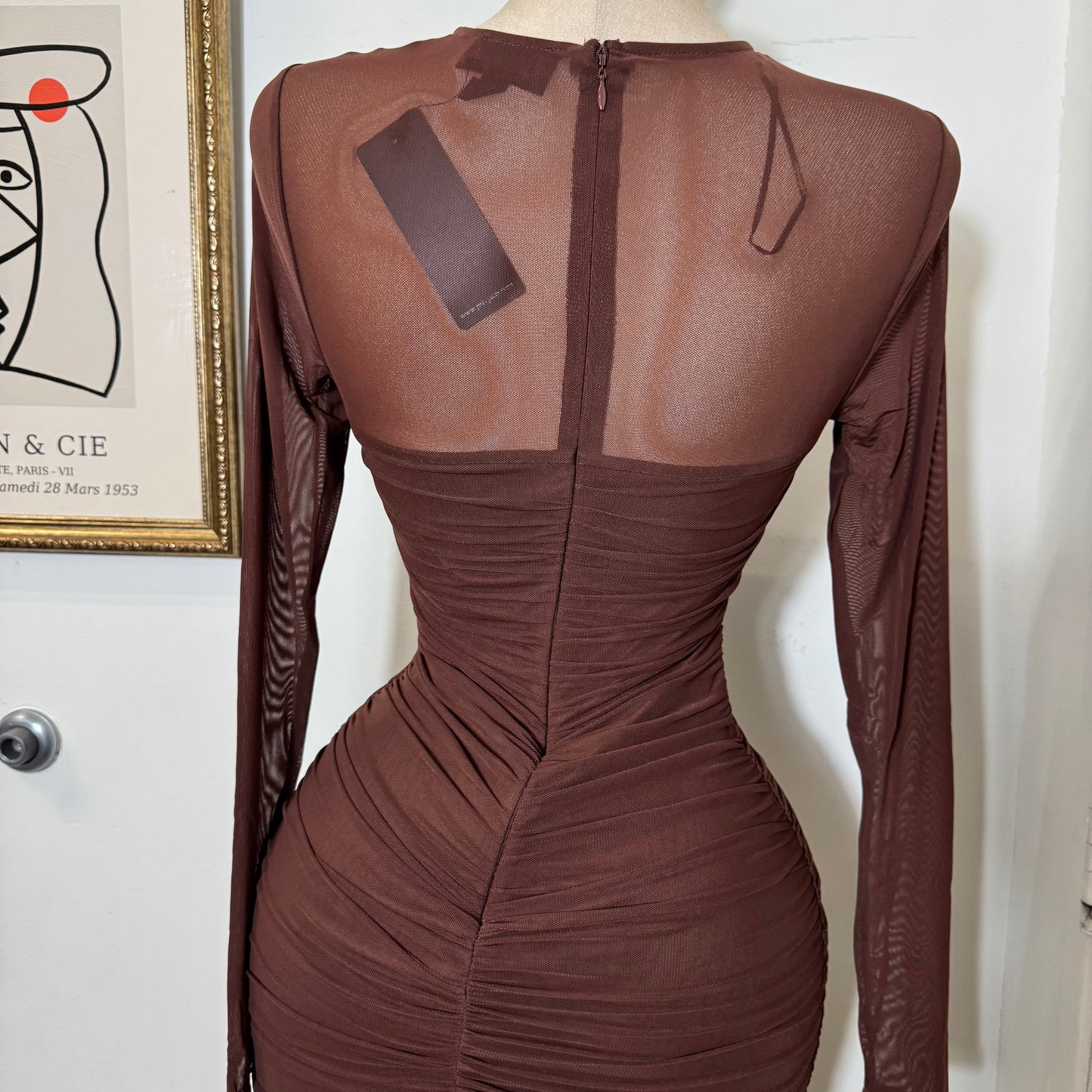 Round Neck Long Sleeve Ruching Midi Dress-Chocolate