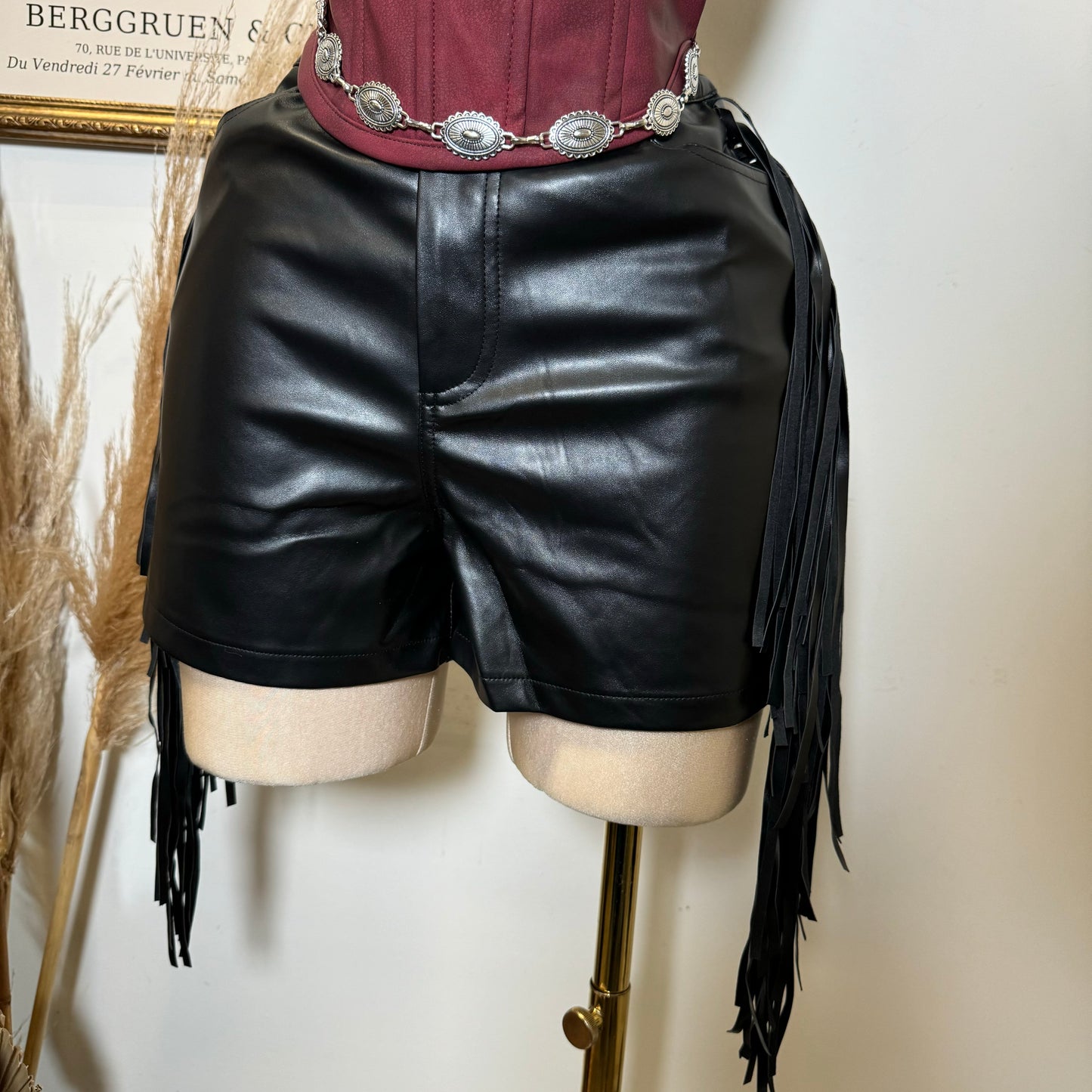 Leather Fringe Shorts-Black