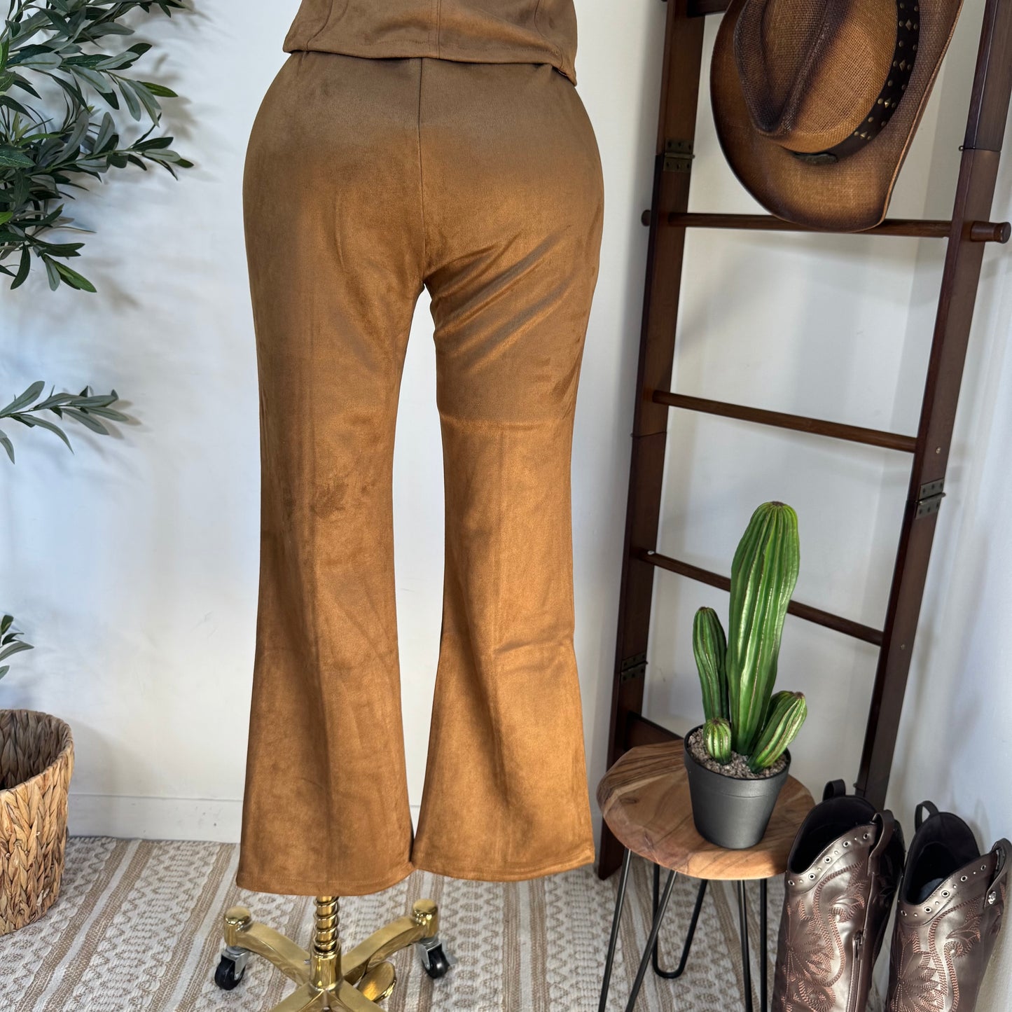 Suede Flare Pants-Tan