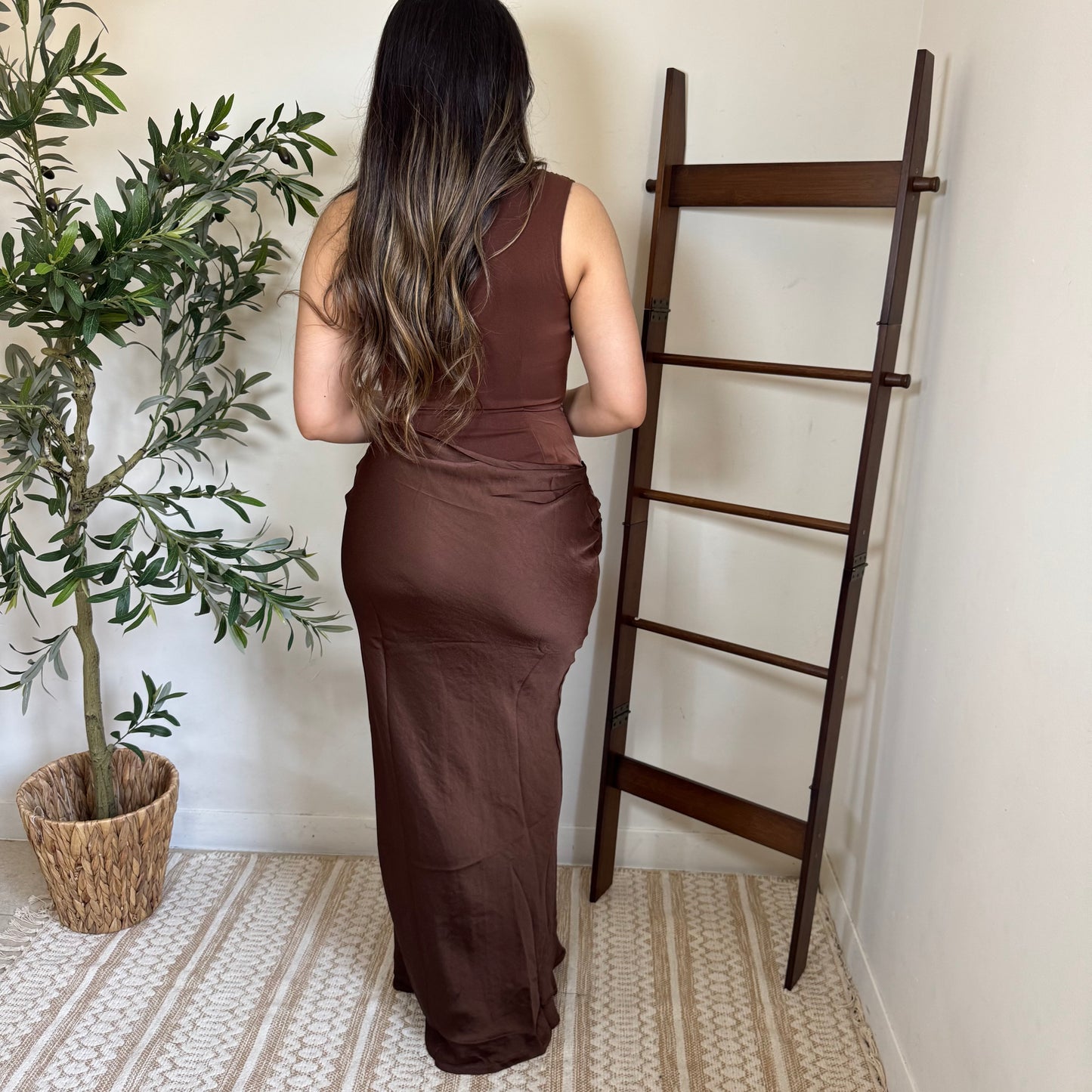 Sable Asymmetrical Maxi Dress-Brown