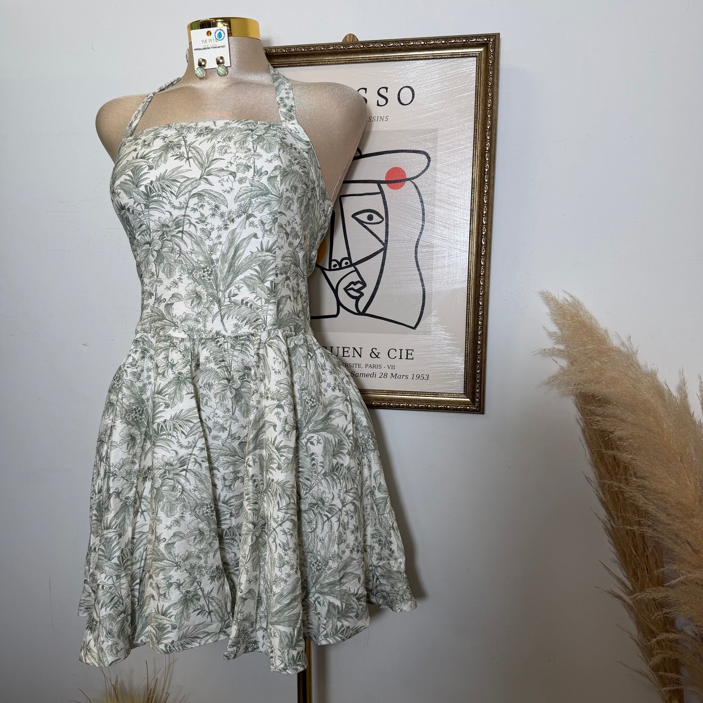 Tropical Toile Halter Mini Dress-Beige/Olive