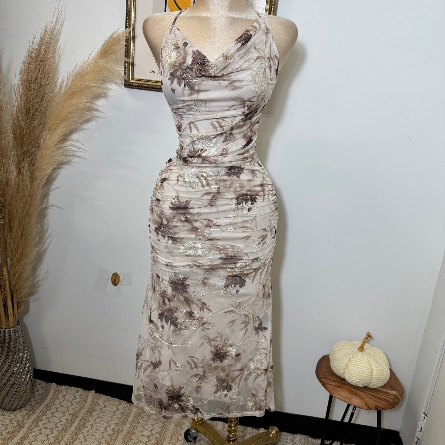 Deep Plunge Halter Neck a-Line Midi Dress-Brown