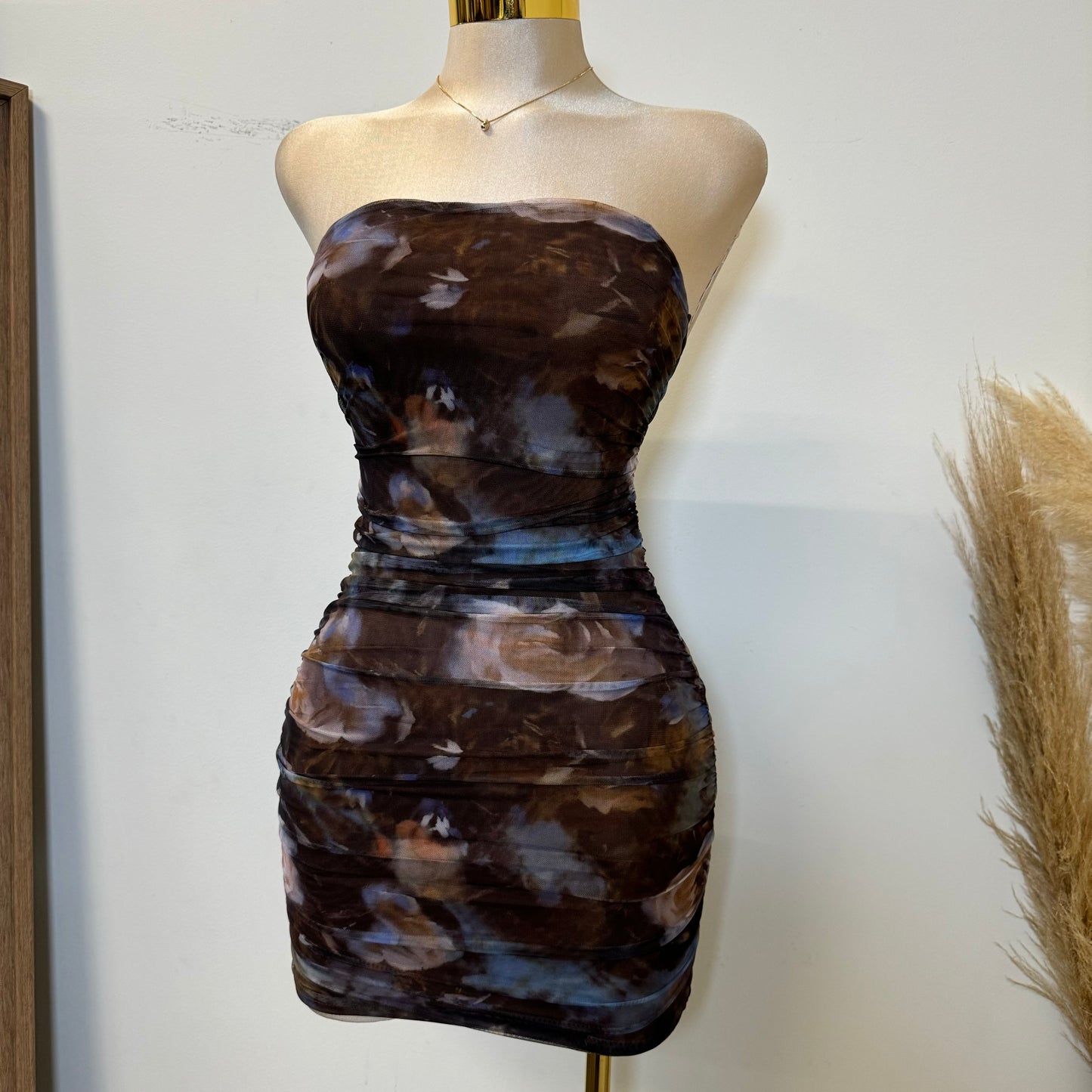 Floral Print Mesh Tube Mini Dress-Brown