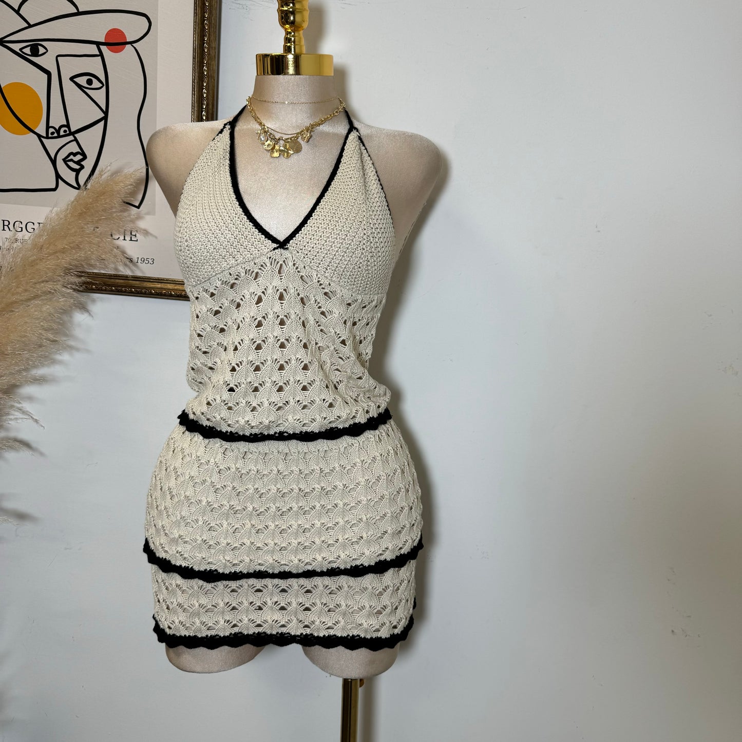 Knitted Halter Skirt Set-Beige