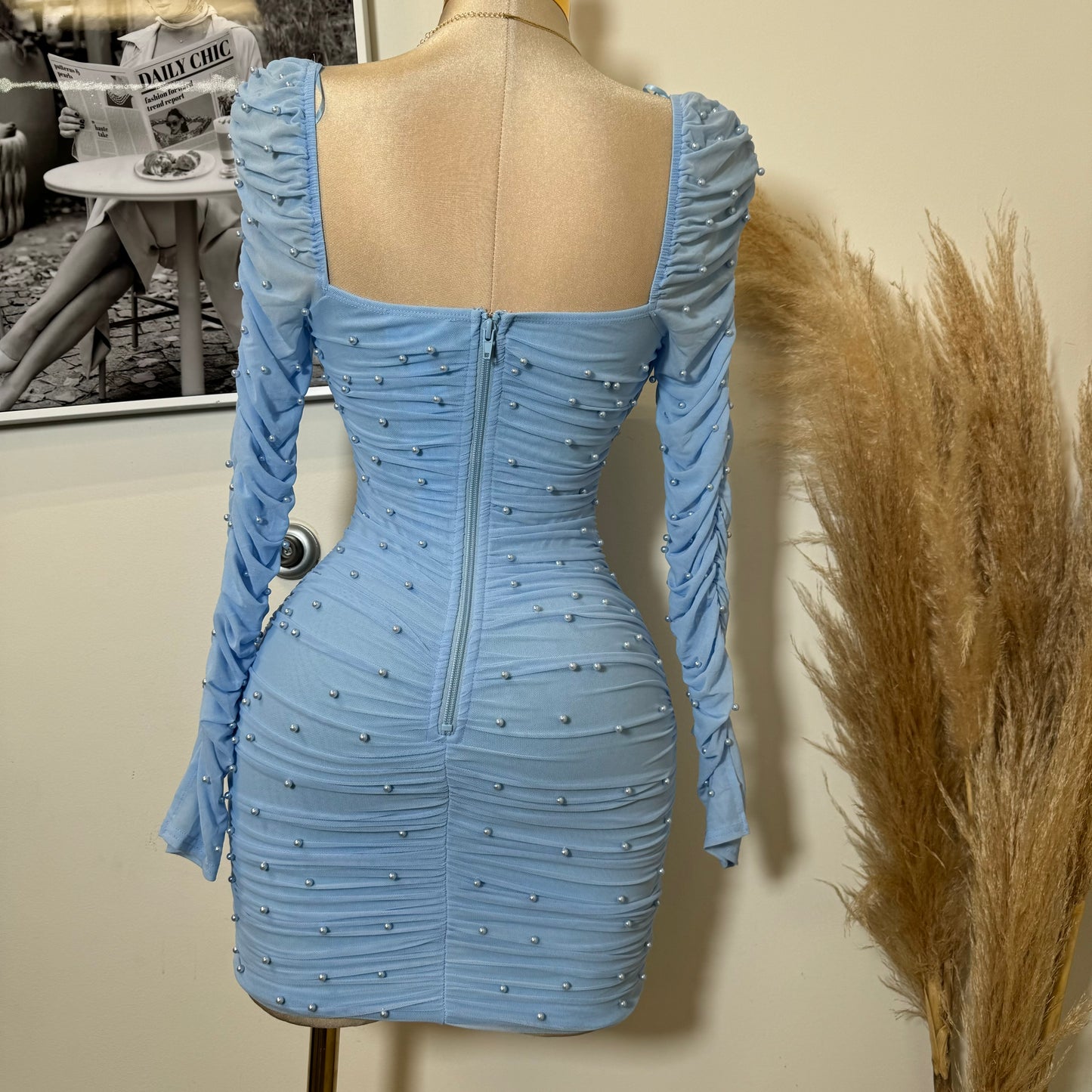 Meghan Pearl Mesh Dress-Baby Blue