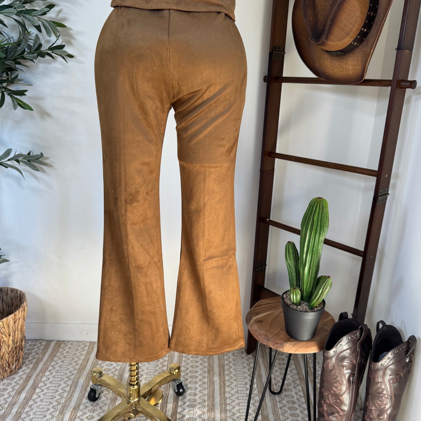 Suede Flare Pants-Tan
