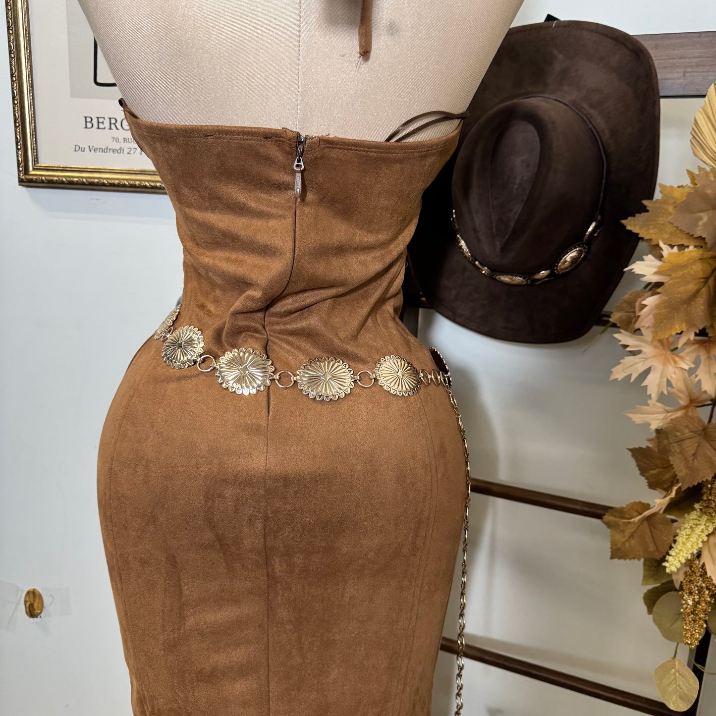 Halter Neck Front Slit Suede Midi Dress-Brown