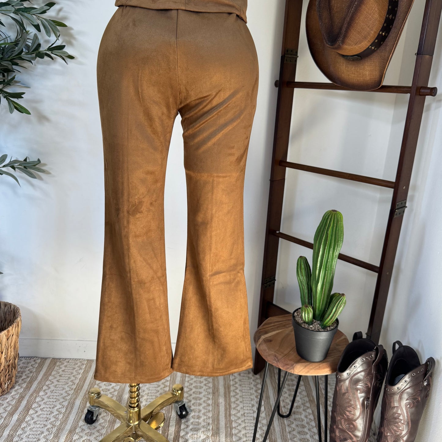 Suede Flare Pants-Tan