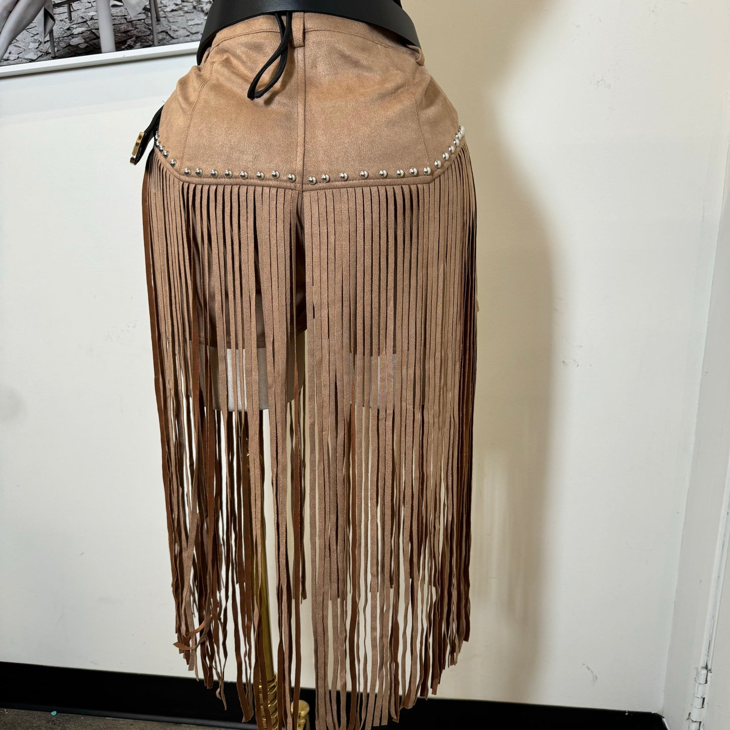 Fringe Stud Suede Shorts-Tan