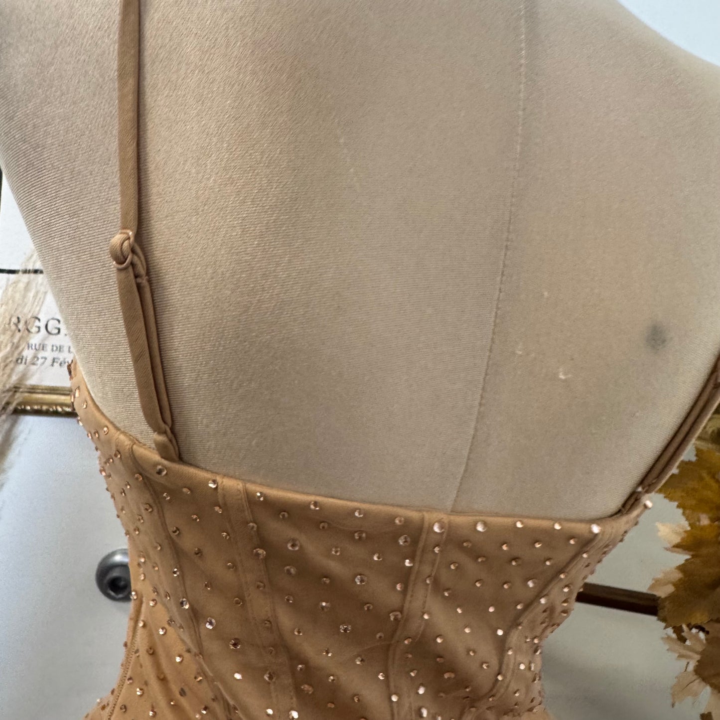 Rhinestone On Overlay Mesh Mini Dress SweetHeart Neckline Adjustable spaghetti Shoulder-Gold