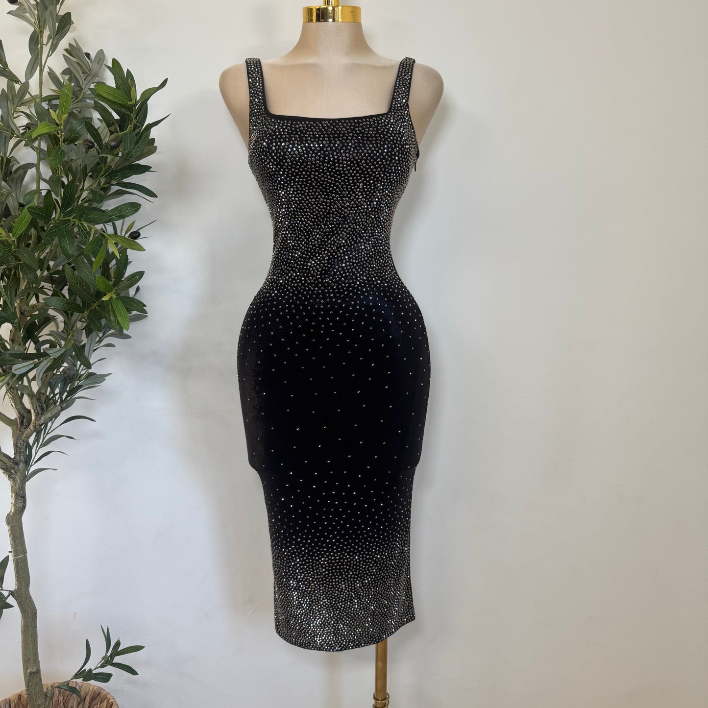 Rhinestone Midi Dress Square Neck Sleeveless-Black