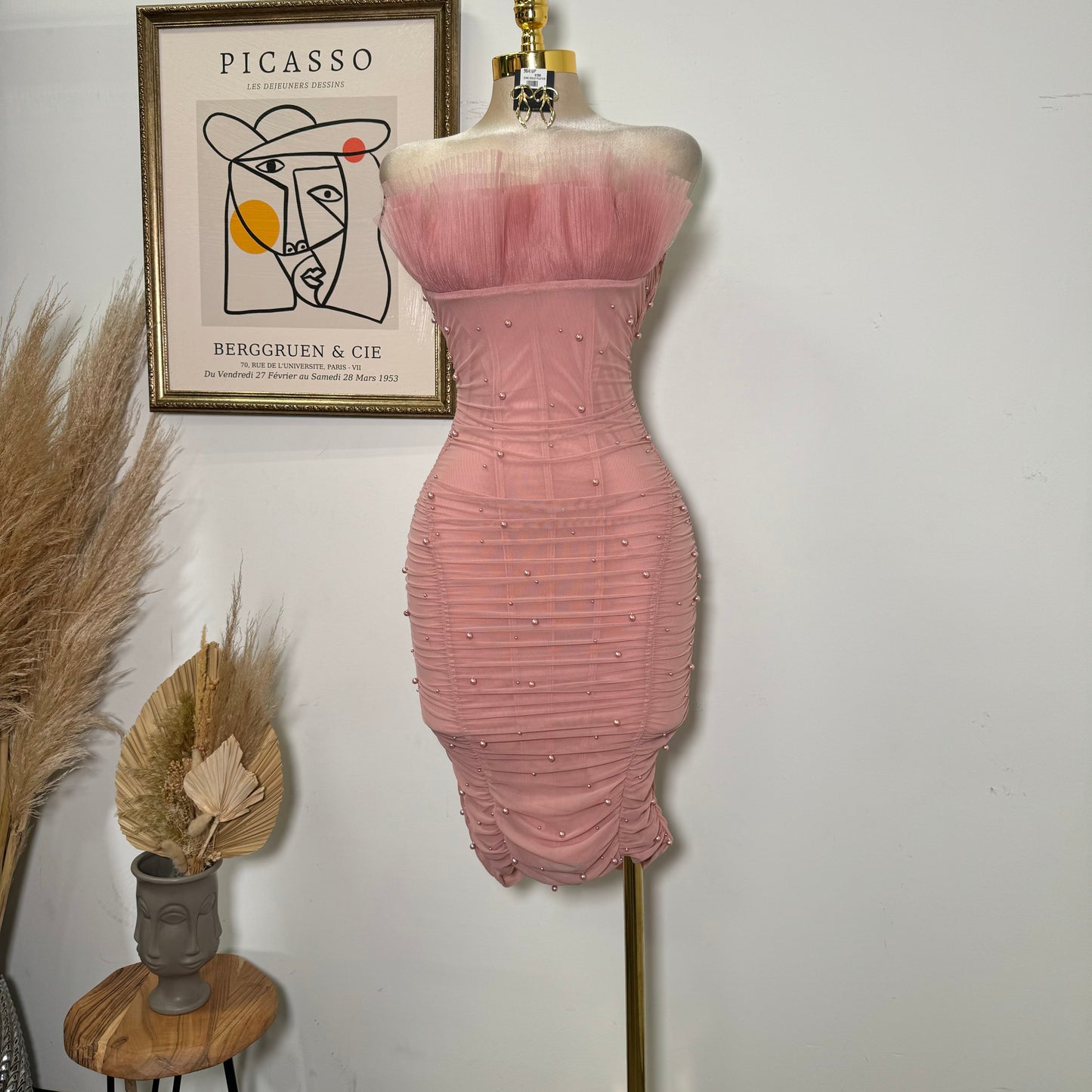 Pearl Bead On Power Mesh Midi Dress-Blush