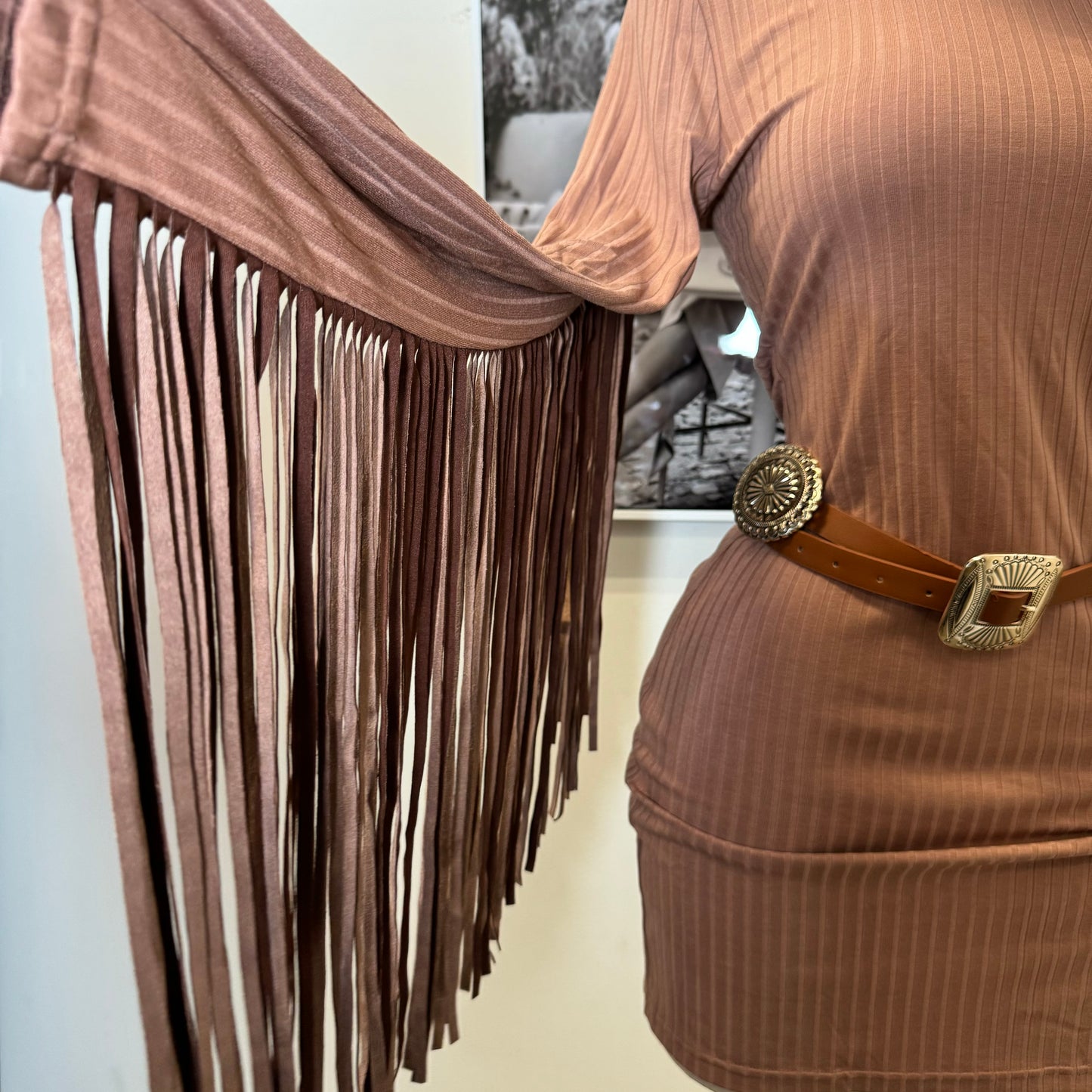 Fringe Rib Bodycon Dress-Brown
