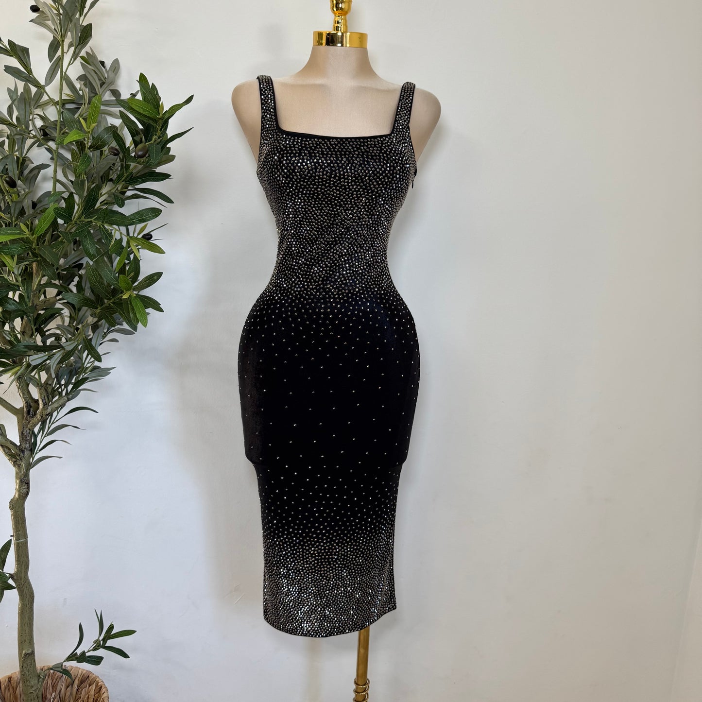 Rhinestone Midi Dress Square Neck Sleeveless-Black