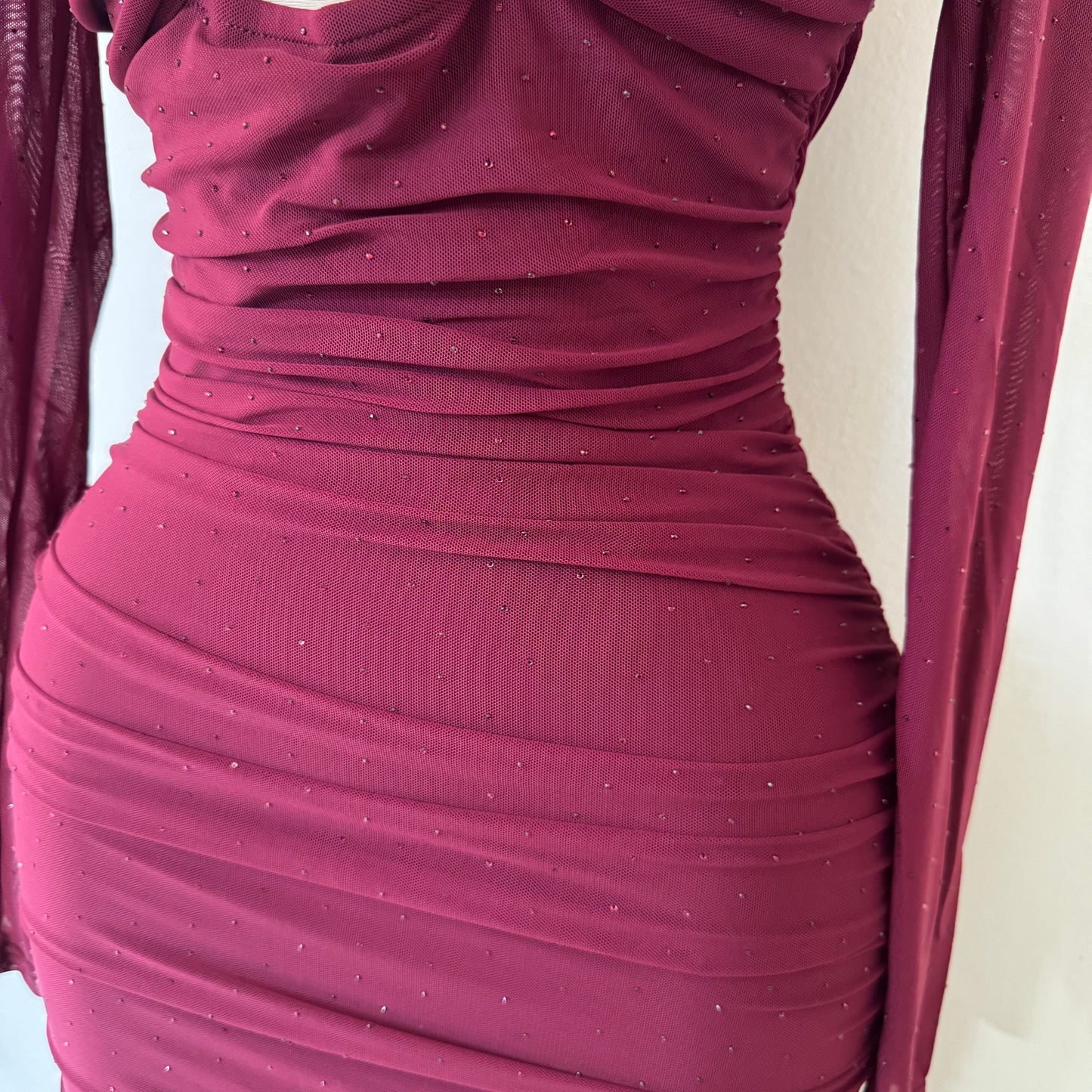 Sweet Heart Long Sleeve Rucing Rhinestone Midi Dress- Burgundy