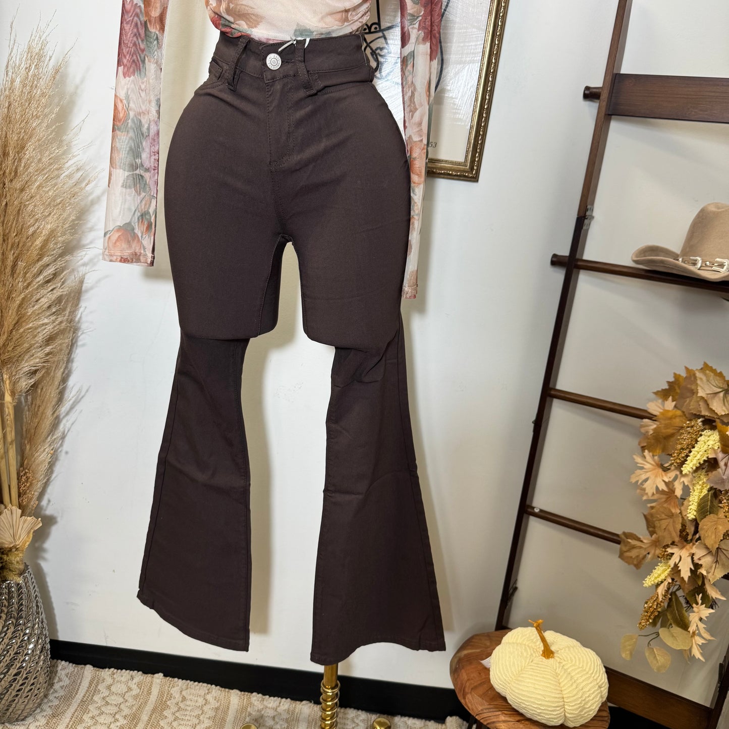 High Rise Hyper stretch Flare Jeans-Brown