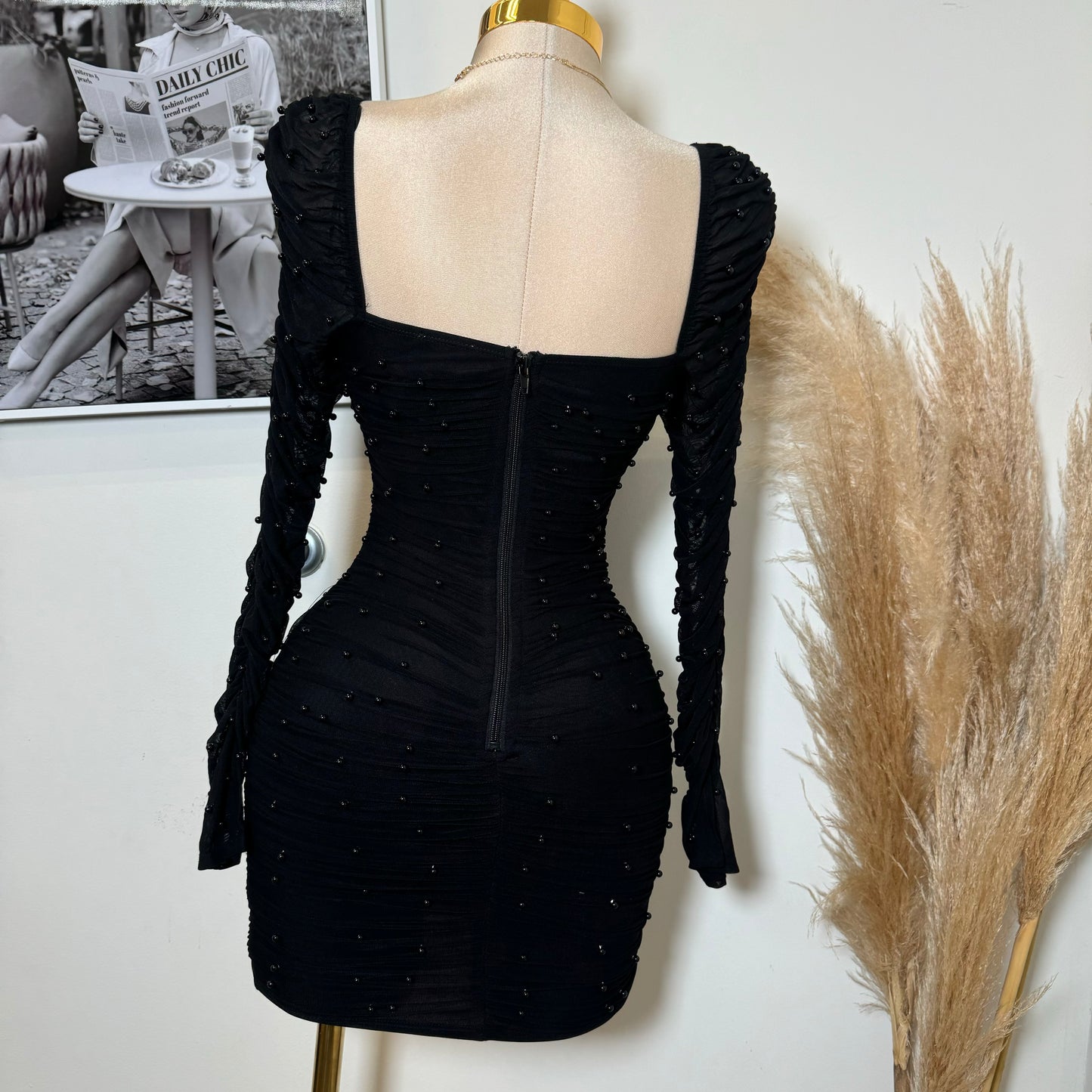 Meghan Pearl Mesh Dress-Black