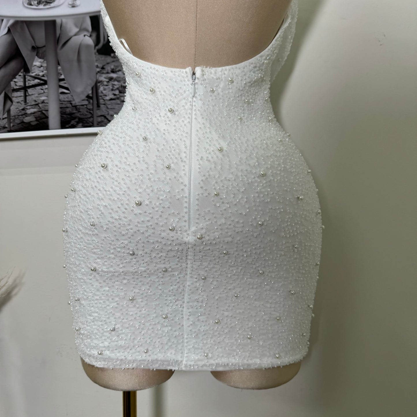 Cowl beaded Halter Dress-White