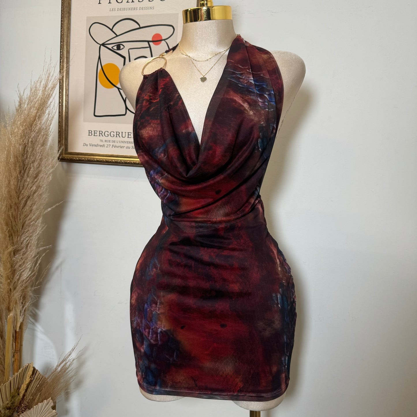 Cowl Halter Mesh Dress-Red Multi1